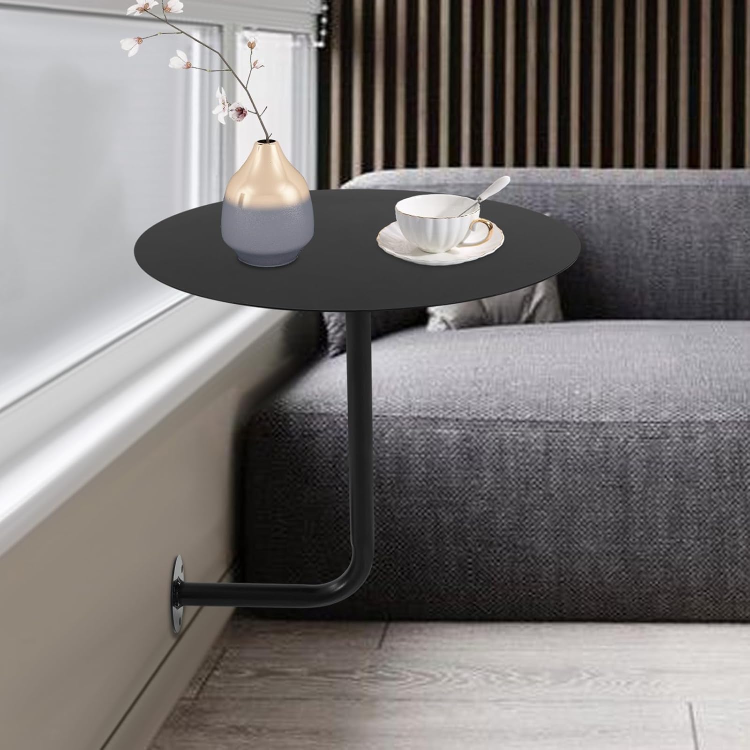 Wall Mounted Round Table for Bar & Cafe | Industrial Iron Side Table, Space-Saving Design, 33lbs Capacity, Durable Coating, Modern Black Finish, Perfect for Commercial Use & Home Decor