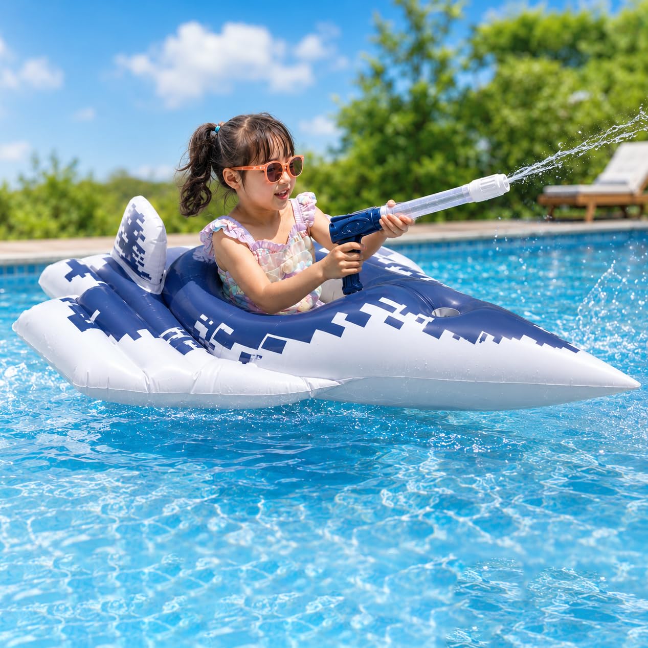 Flotador inflable para piscina con pistola de agua, camuflaje digital azul, opciones de jinete individual y doble para niños y familia