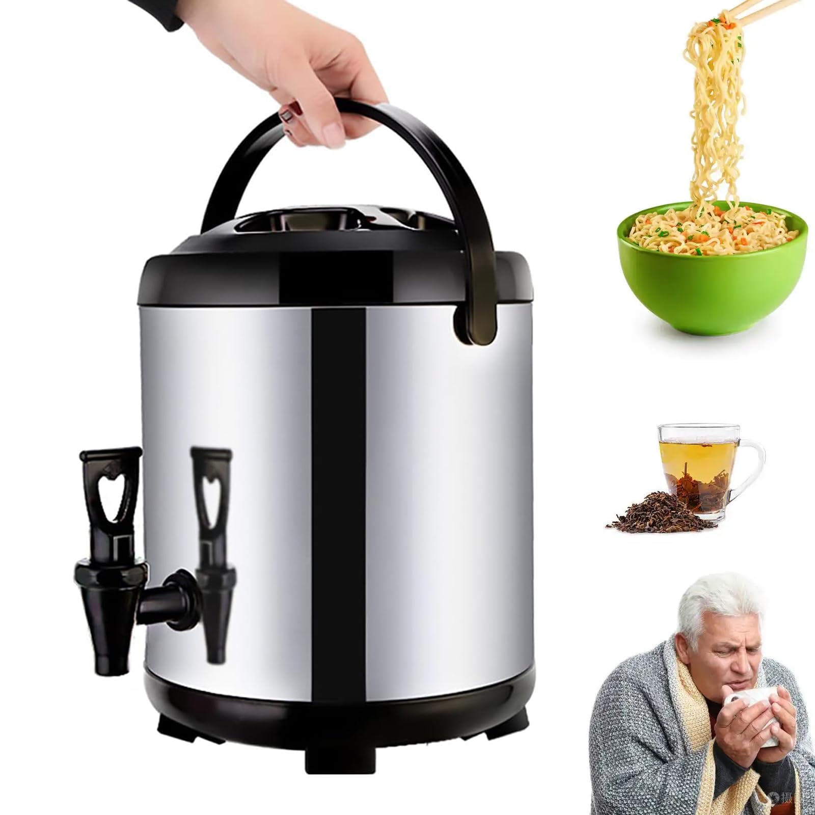 Termo de Acero Inoxidable para hostelería, dispensador de Agua Caliente Aislado de 6 a 20 litros con Grifo para Bebidas Calientes, Doble Aislamiento para un Mantenimiento óptimo de