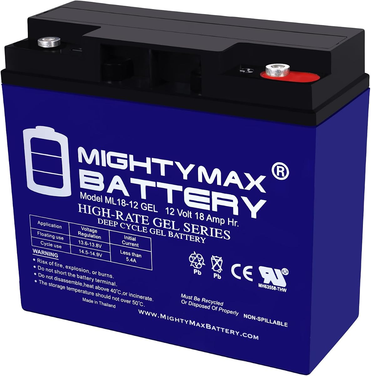 Mighty Max Battery Mighty Max Battery ML18-12 GEL - 12 Volt 18 AH, GEL Type, Internal Thread (INT) Terminal, Rechargeable SLA AGM Battery