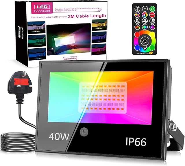 40W LED Flood Lights Outdoor, 120 Colours 5 Modes RGB Floodlight, IP66 Waterproof, Timing Function, 2700K Warm White Security Lights, Outdoor Lights for Garden Landscape Yard Stage with UK 3-Plug