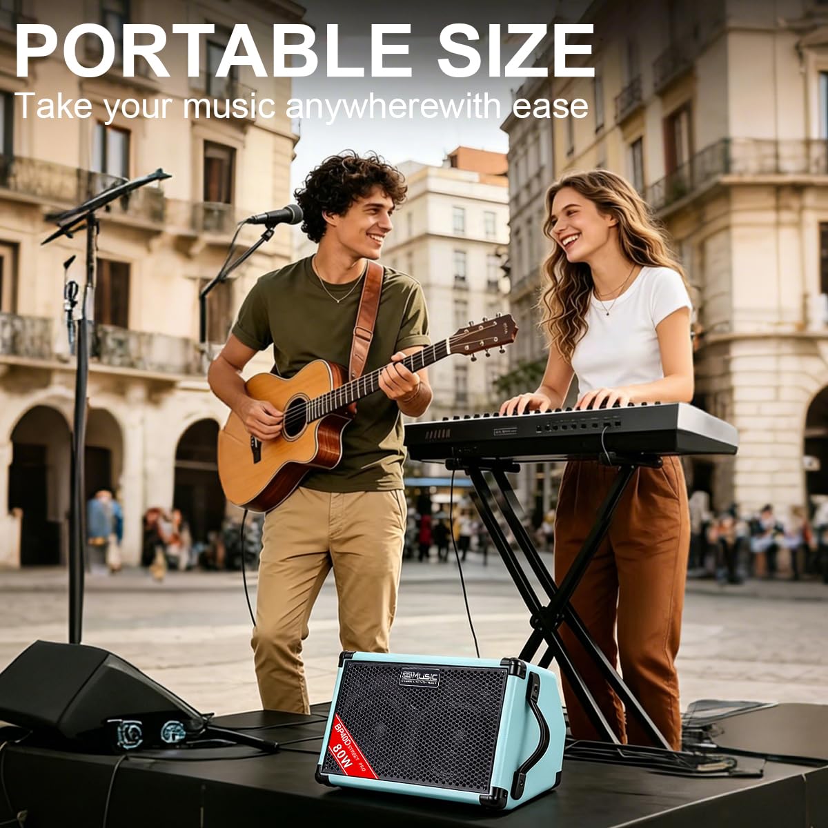 BP40D Akustikgitarre Verstärker Busking Amp - 80W tragbarer Bluetooth-Lautsprecher mit Akku, Chorus Reverb Delay Effekt, 6 Eingänge, 3-Band EQ