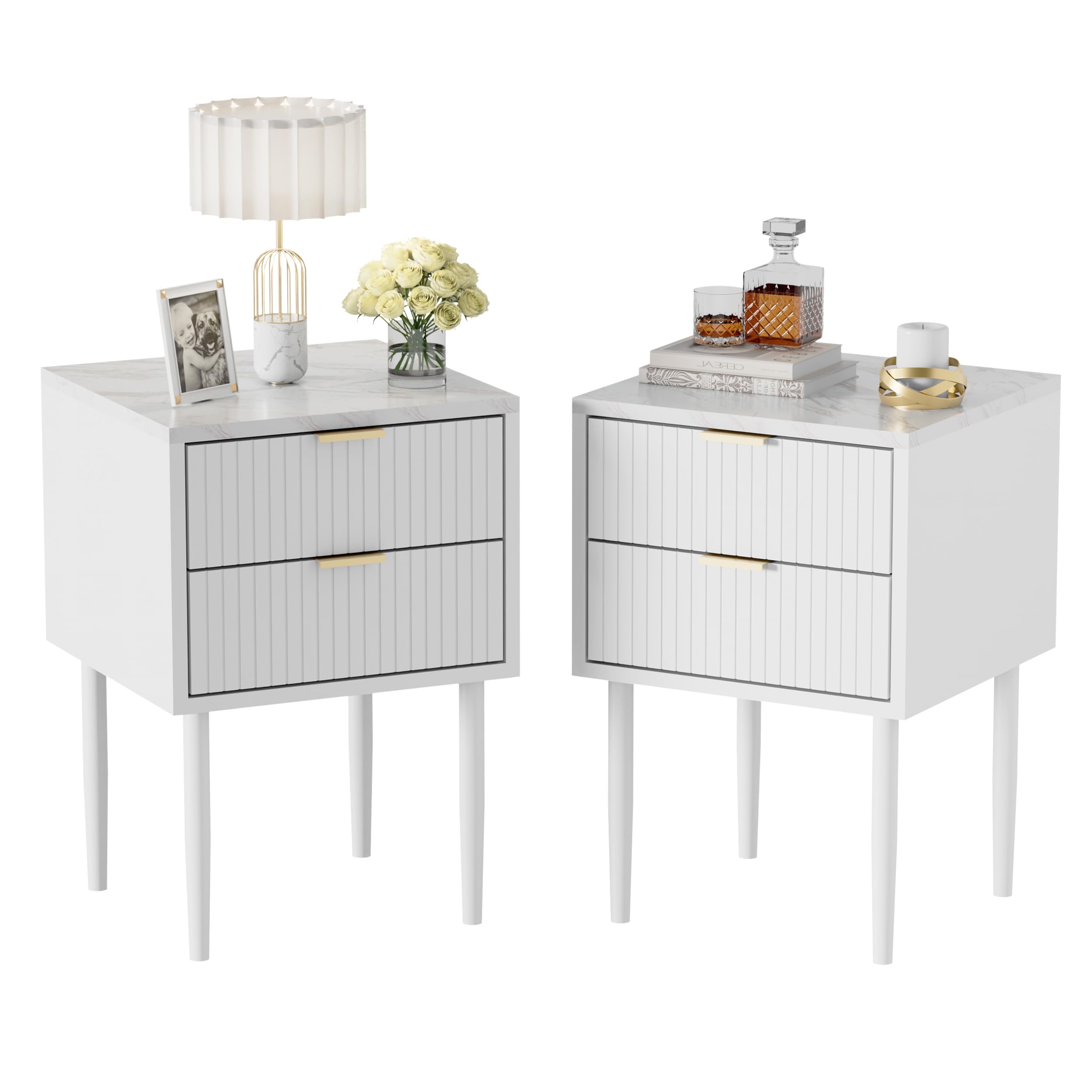 UEV Set of 2 Nightstands with Marble Top, Bedside Table 2 drawer for Bedroom, Modern Wood End Table for Living Room, 42 x 40 x 68 cm, White Marble