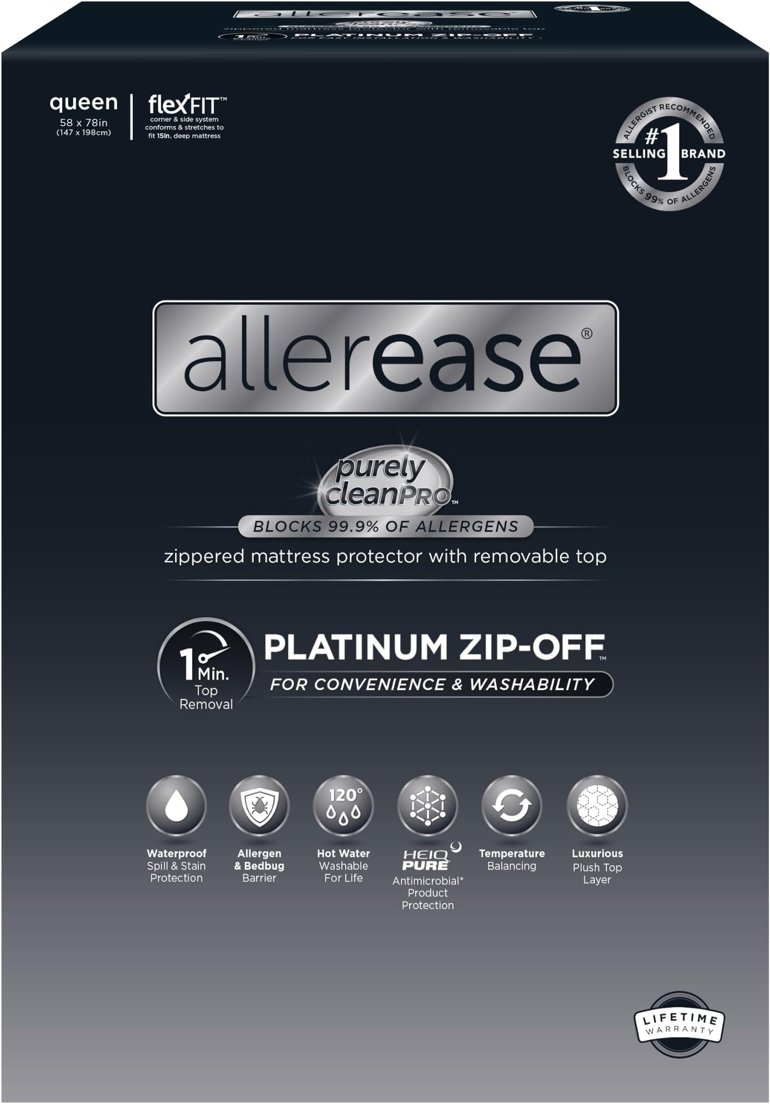 AllerEase Platinum Zip-Off Top Mattress Protector, Queen
