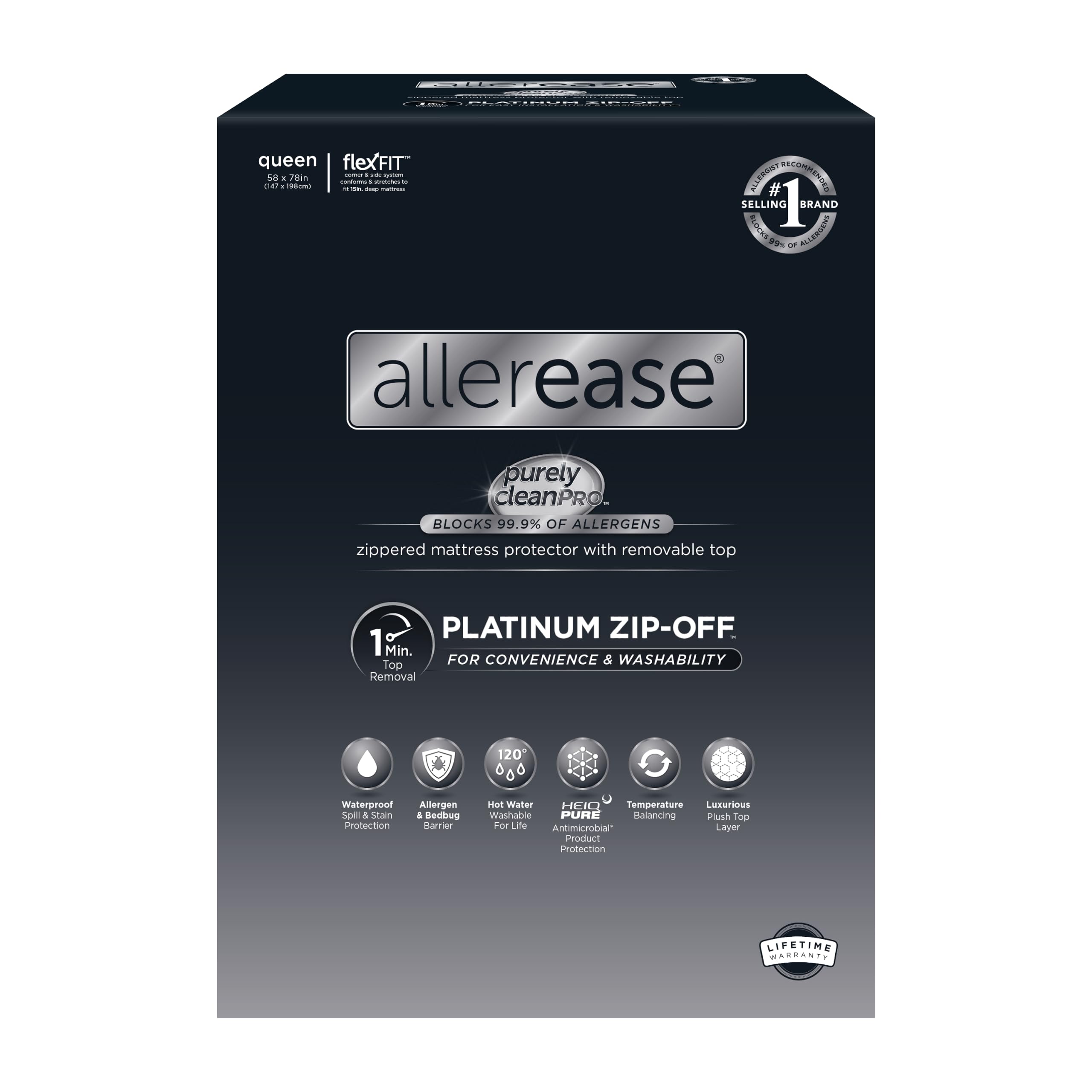 allerease platinum zip-off top waterproof mattress protector queen size 360 degree zipper allergen barrier temperature balancing luxurious plush top separately machine washable mattress cover (white)