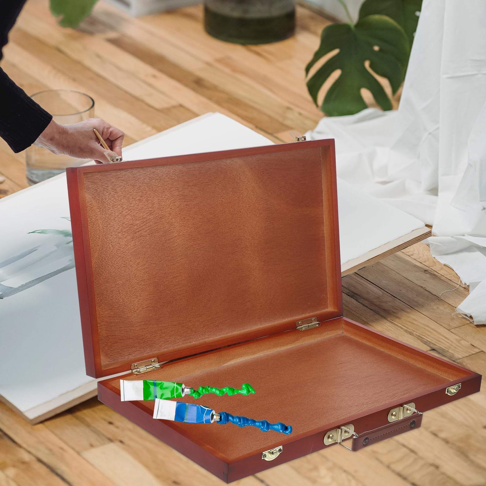 Caja de almacenamiento de madera para artistas con mango para pinturas y herramientas