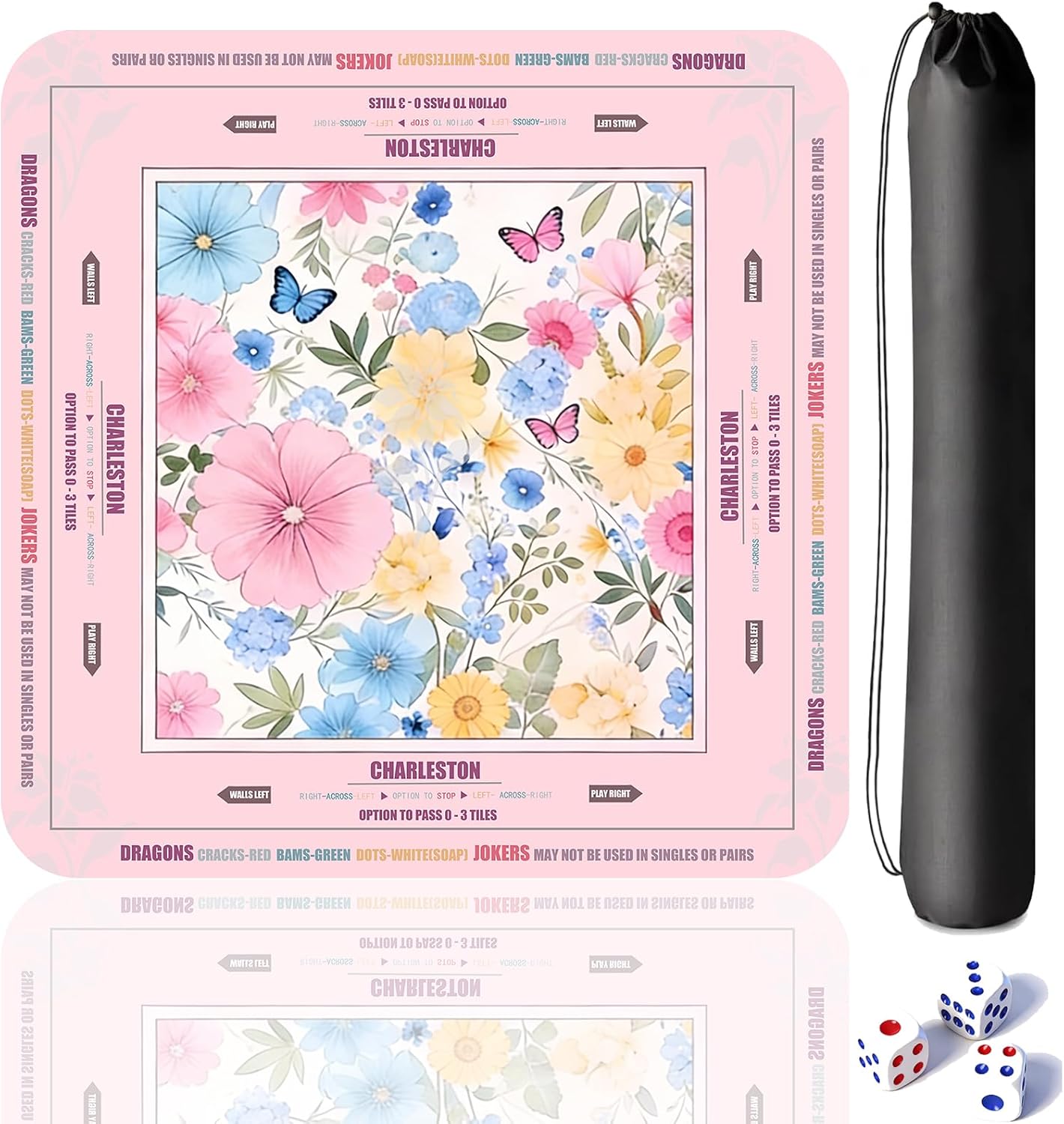 33"×33" Mahjong Mat, Anti-Slip Suede Noise-Reducing Mahjong Mat for Table, Soft Foldable Mahjong Table Cloth with Dice & Storage Bag for Poker/Cards/Board Games/Tile Games, Pink Flowers