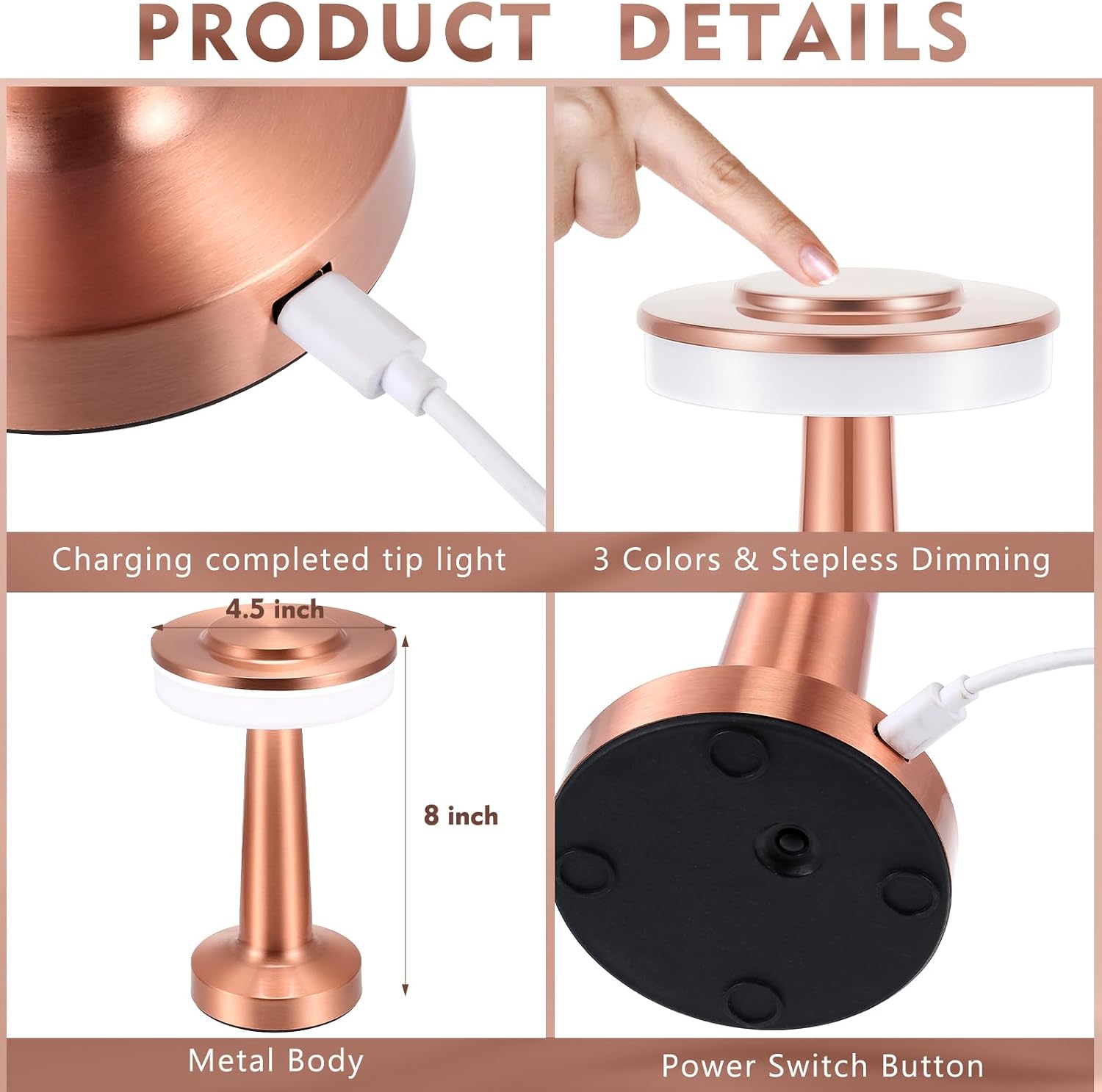 Riakrum 2 Pcs LED Portable Cordless Table Lamp with Touch Sensor 3 Color Stepless Dimming Rechargeable Battery up to 15 Hours Cordless Table Light Wireless Lamp for Nursery (Rose Gold,Modern)