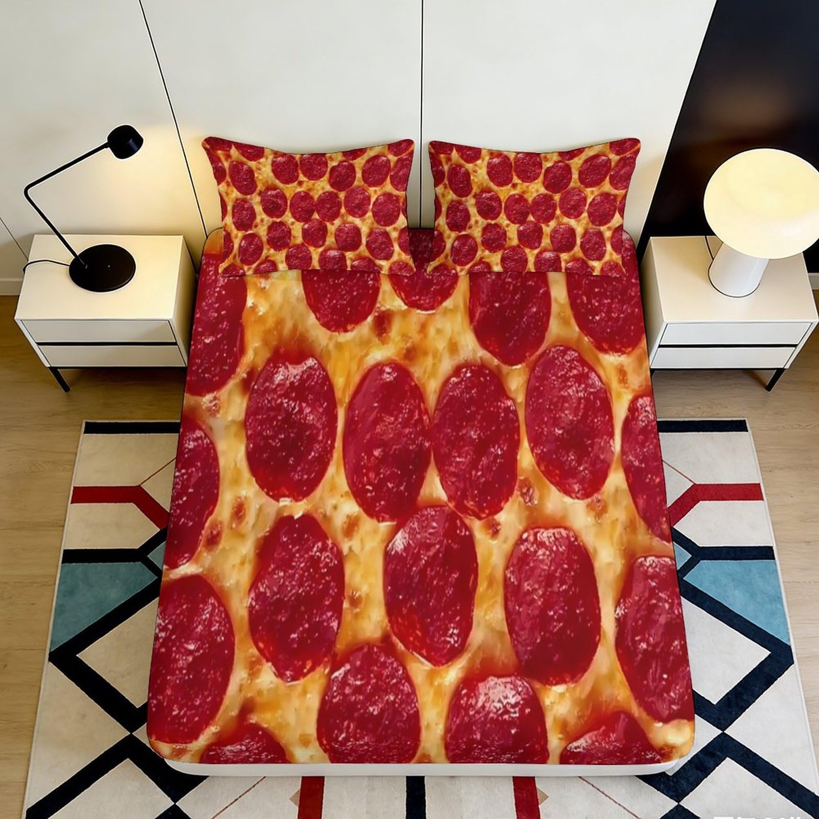 3D Printed Pepperoni Pizza Fitted Sheet Microfiber Soft Non-slip Cheese Pattern Bed Cover Machine Washable Decor 90x200x25cm