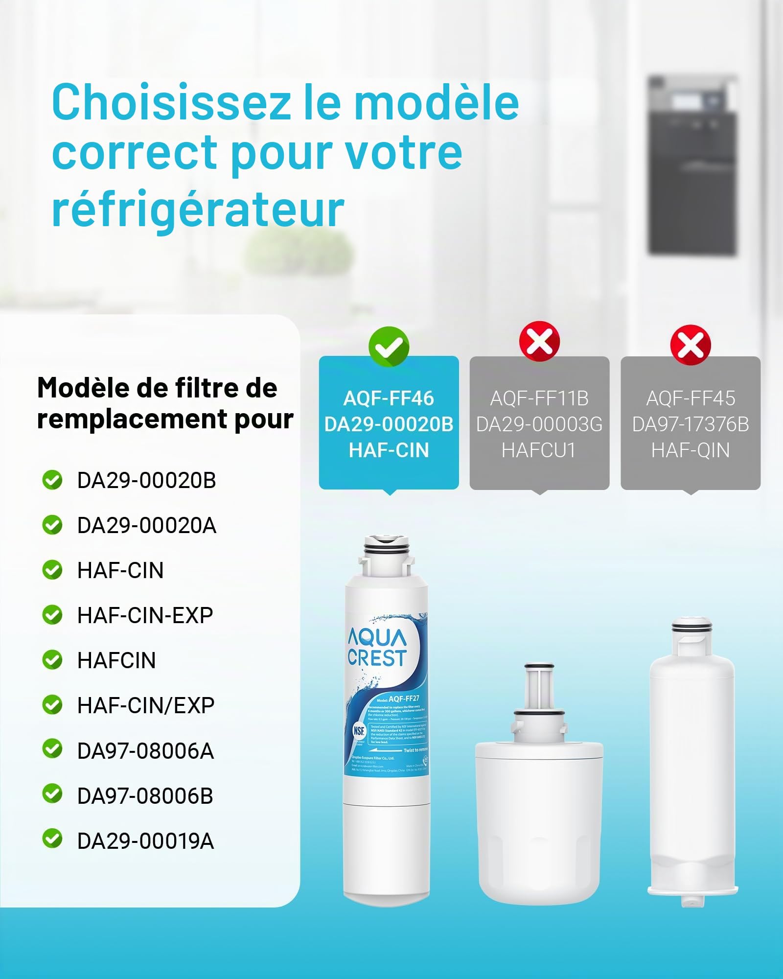 AQUA CREST Filtre à Eau pour Réfrigérateur, Compatible avec Samsung® DA29-00020B, HAF-CIN EXP DA29-00020A DA29-00019A DA97-08006 DA97-08043ABC Kenmore46-9101 REFSVC AP527193 HDX-FMS-2 (3)