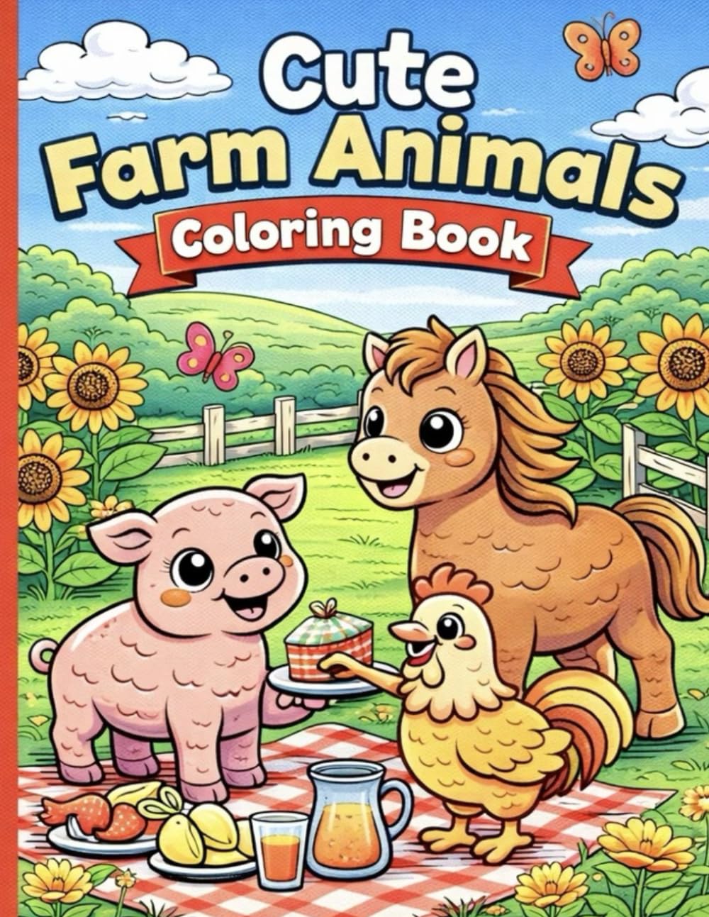Cute Farm Animals Coloring Book for Kids Ages 3–8: Fun and Easy Barnyard Coloring Pages with Cows, Pigs, Horses, Ducks, Bunnies, and More