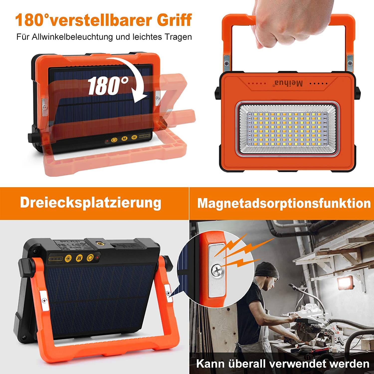 MEIHUA Lampa robocza LED, 60 W, 10 000 mAh, reflektor budowlany LED, akumulator, wodoszczelna, przenośna, ładowana, 4 tryby świecenia, USB lub ładowanie solarne, lampa na plac budowy, warsztat,