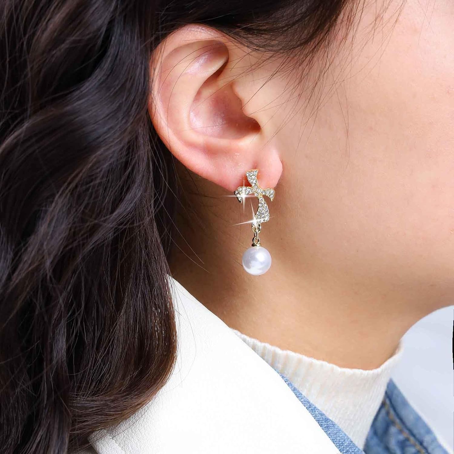 Andelaisi Boho Crystal Bow Earrings Vintage Rhinestone Bow Pearl Dangle Earrings Gold CZ Bowkont Stud Earrings Butterfly Knot Pearl Drop Earrings Jewelry for Women - Image 2