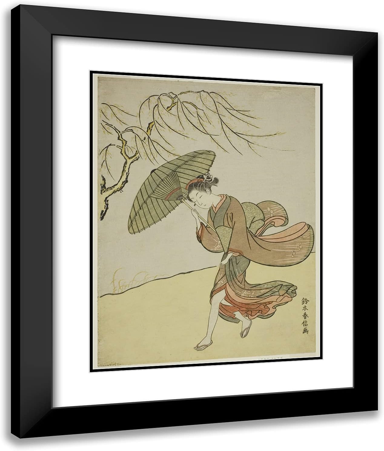 ArtDirect Suzuki Harunobu 20x24 Black Modern Framed and Double Matted Art Print Titled A Windy Day
