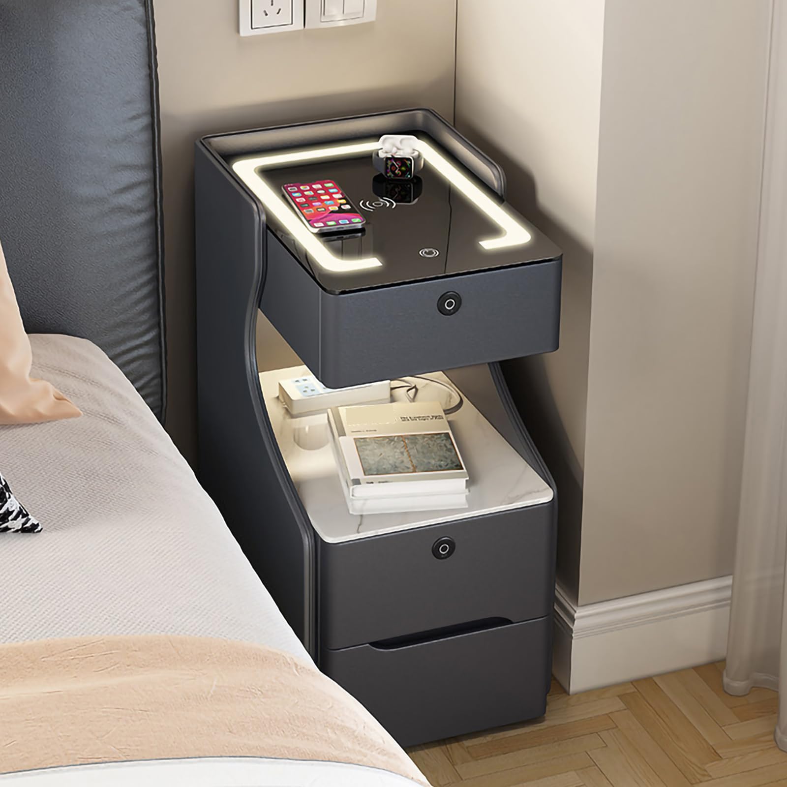 FCHZJCZYT Smart Nightstand with Wireless Charging, Modern Fluted Nightstand W/ Charging Station, Combination Lock Induction Light Strip, Solid Wood for Bedroom Living Room,gray a,40*40*63cm/16*16*25"