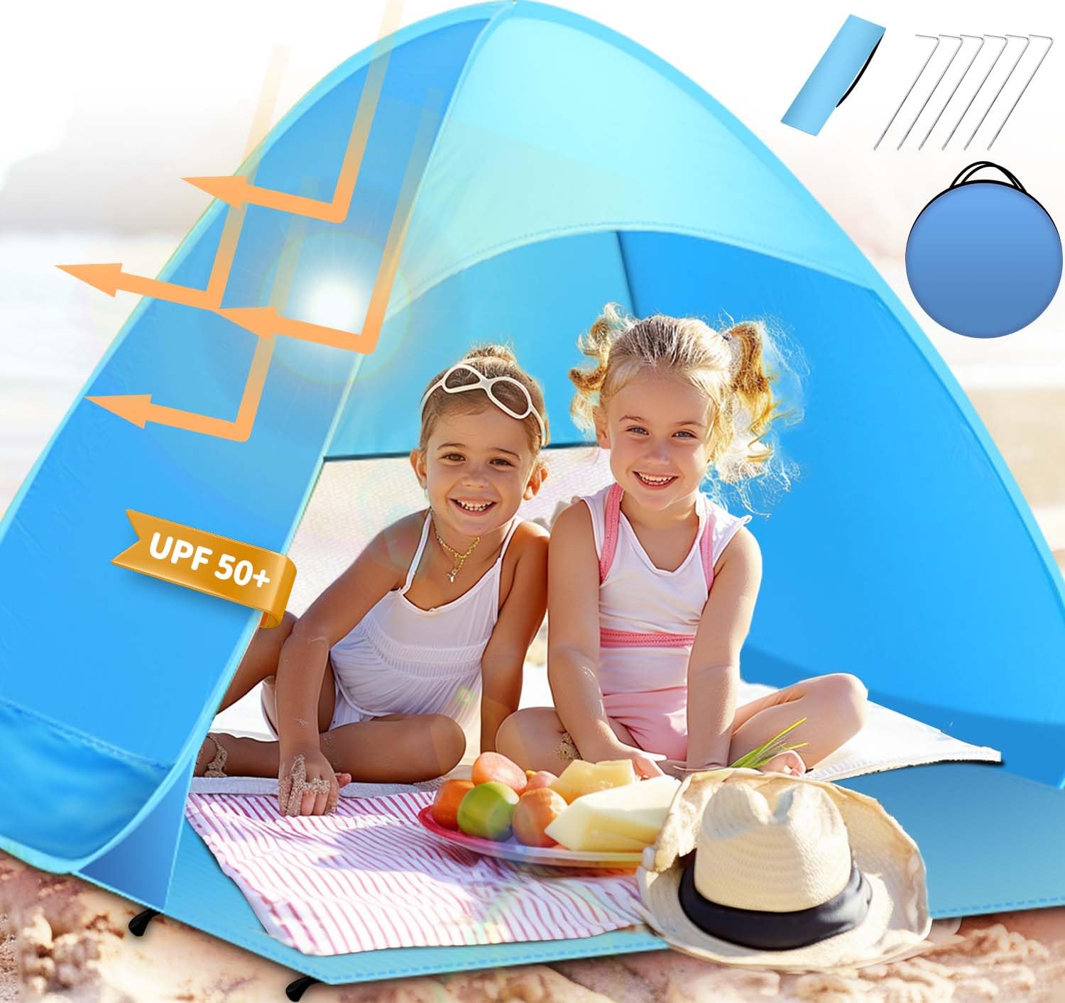 TUSVMGE Tienda de Playa para 2-3 Personas, Tienda de Campaña Playa Anti-UV Protección Solar UV 50+ con Bolsa de Transporte para Jardín, Camping, Viajes, Pesca, Picnic y Deportes al Aire Libre