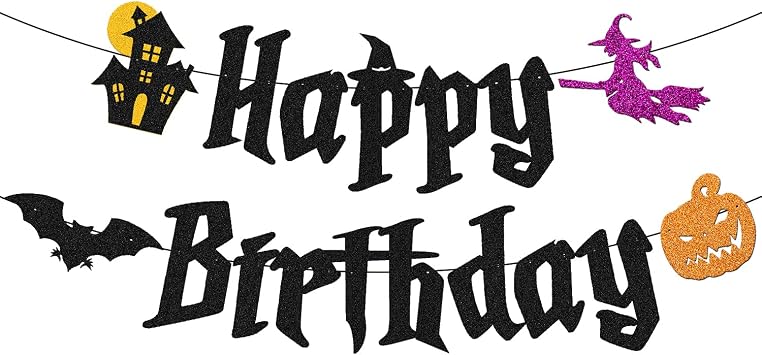 Halloween Happy Birthday Banner Halloween Festival Ghost Bat Witch Haunted House Themed Birthday Party Supplies Glitter Black Decorations