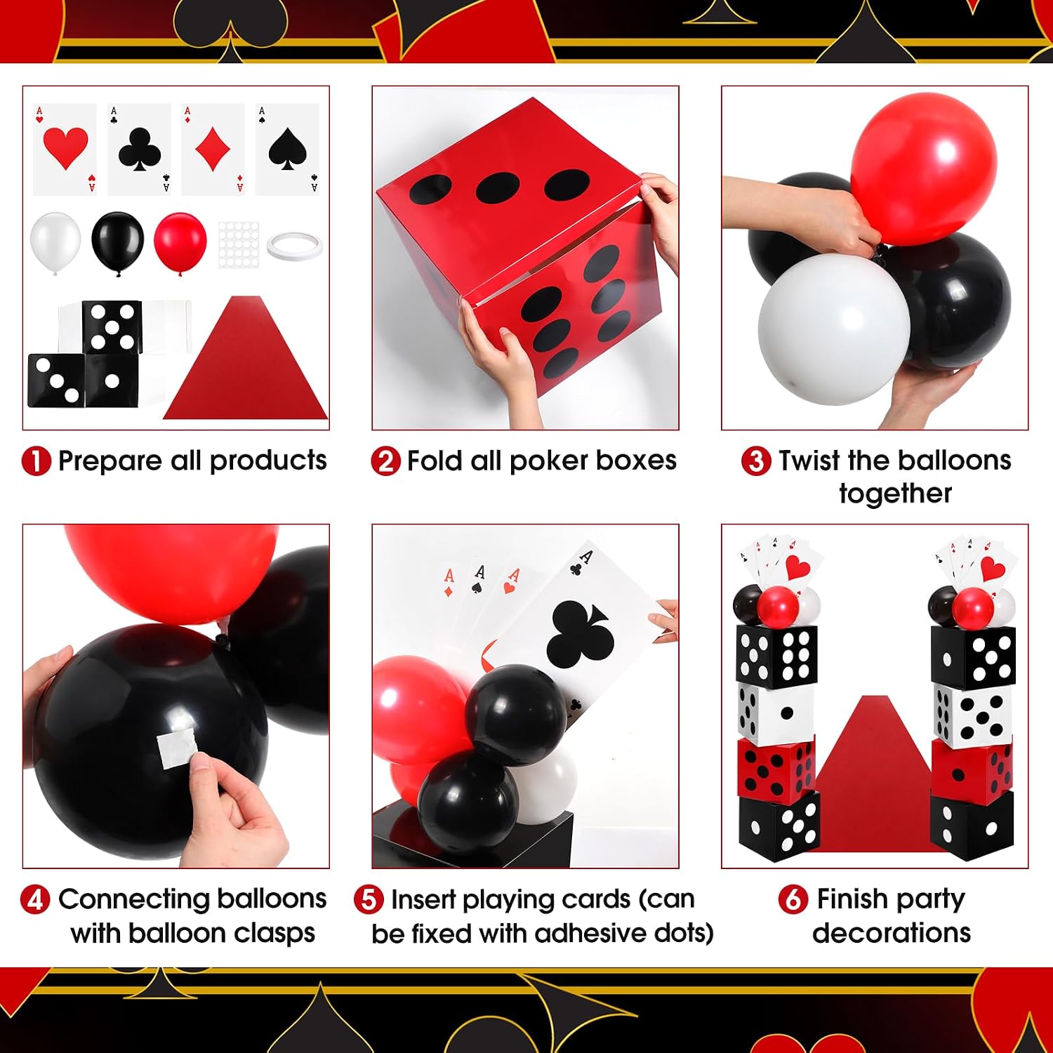 52 Pcs Casino Themed Decorations Set Las Vegas Game Night Entryway Door Party Decor 8 Pcs 12 Inch Large Dice Boxes 8 Jumbo Poker Cards 30 Pcs Balloon Aisle Runners for Birthday Celebration