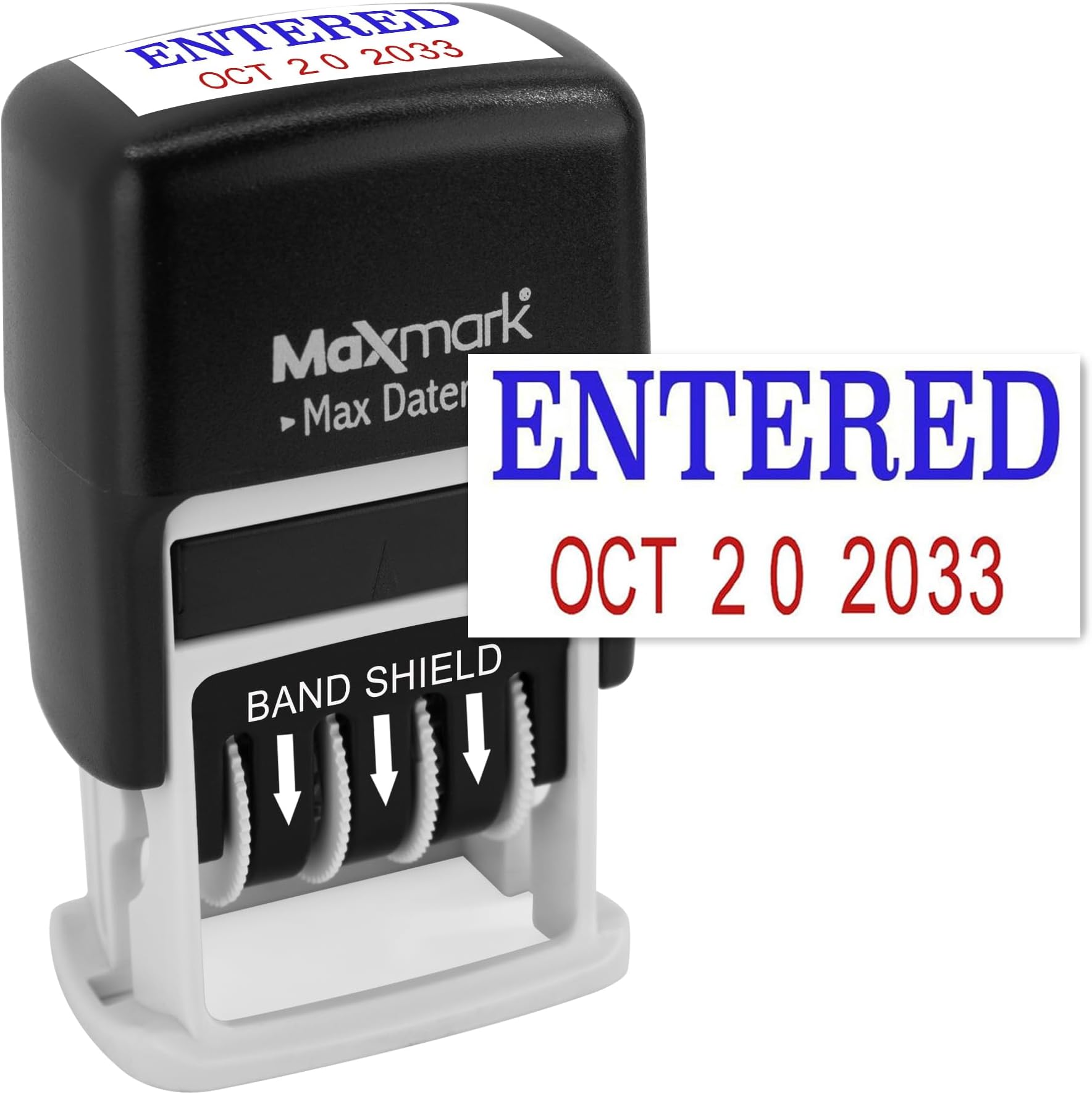 ExtraMark Self-Inking Date Stamp - Adjustable Phrase & Date, Blue/Red Ink, 12-Year Band