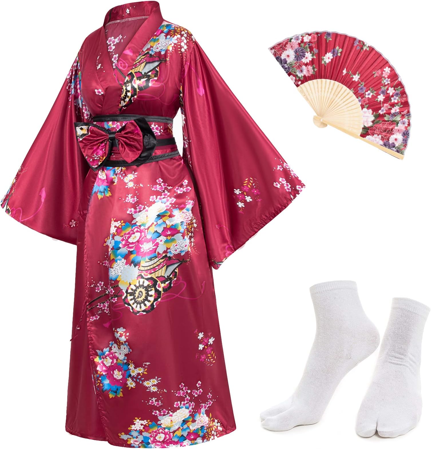 Japanese Anime Women's Kimono Robe Geisha Yukata Sweet Dress Blossom Satin Bathrobe Sleepwear Fans Tabi Socks set