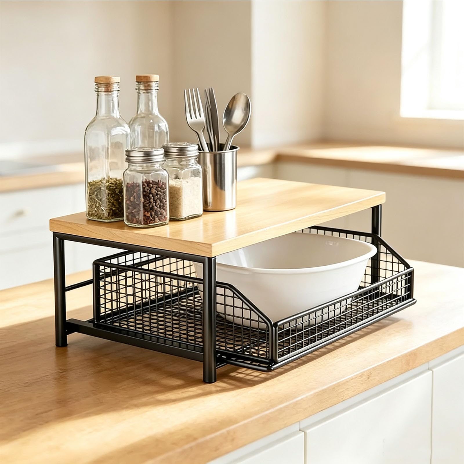 Organisateur De Comptoir De Cuisine Avec Tiroir Et Panier, Étagère De Rangement À Épices En Bois À 2 Niveaux Pour Coin Café, Condiments, Garde-manger, Salle De Bain, Bureau Et Comptoir, Noir
