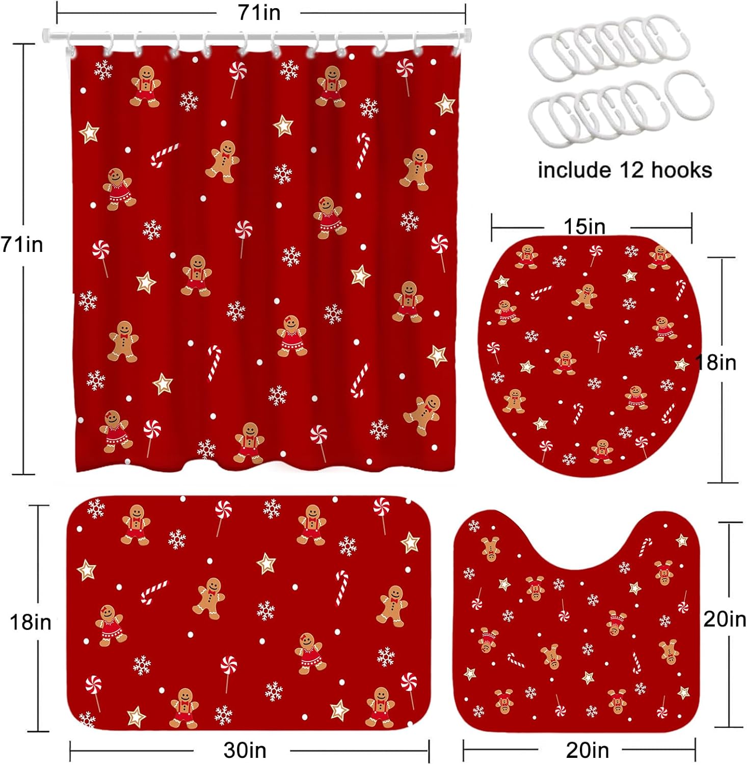 Mocsicka Red Christmas Shower Curtain Set, Xmas Candy Stars Cute Gingerbread-Man Snowflake Christmas Bathroom Decor Accessory Set with Non-Slip Washable Bath Rugs Toilet Lid Cover