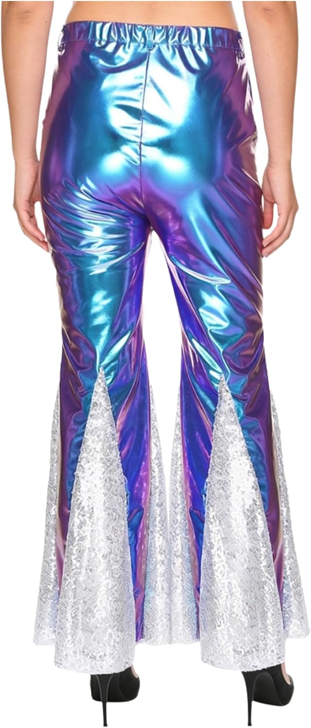 Jugaoge Womens 70s Rave Outfits Nightclub Metallic Flared Pants Disco Jazz Dance Sequins Bell Bottoms