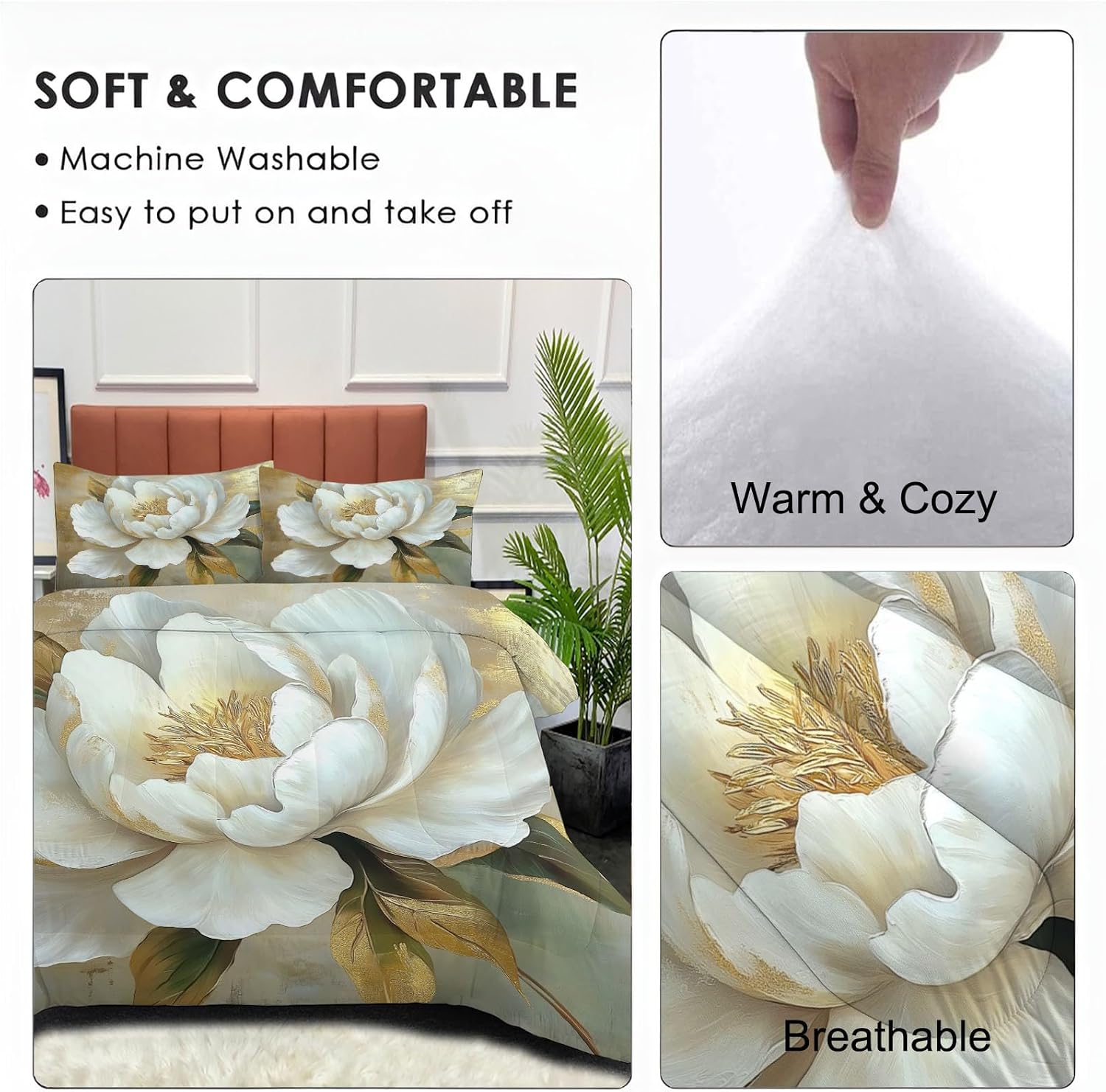 Romantic Luxury Comforter Set Queen Size, 3D Peony Branches and Leaves Bedding Set for Girls Boys, Apricot Quilt Bed 90"X90" Bedding Comforter Sets with 2 Pillowcase Room Decor