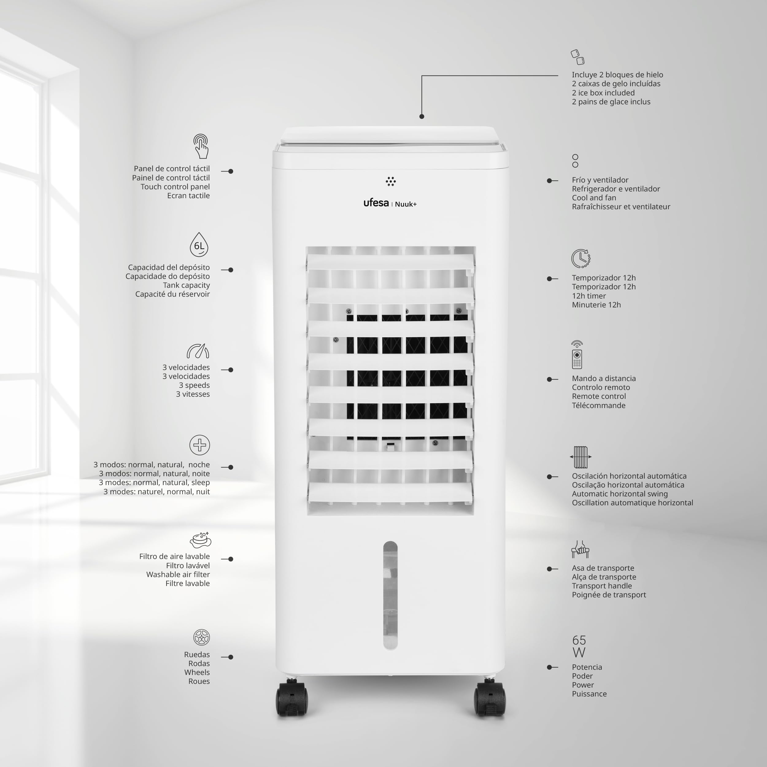 Ufesa Nuuk+ Raffrescatore Portatile Evaporativo 65W Funzione 3in1Raffreddamento Ventola e Ionizzazione 3Velocità 3Modalità Pannello a Sfioramento Serbatoio da 6L Timer12h Filtro Lavabile Telecomando