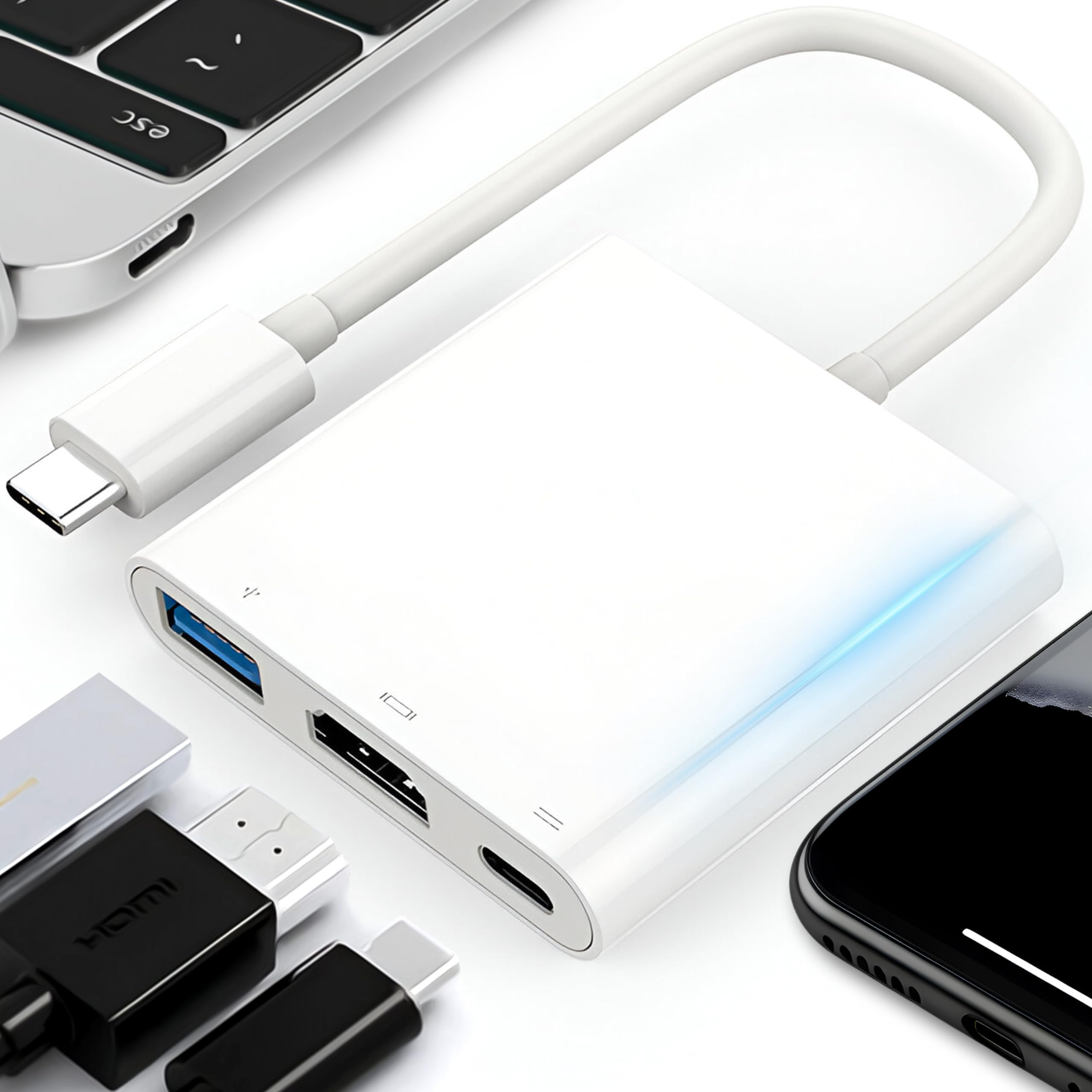 Retoo Adapter USB-C na HDMI 3 w 1, kabel 4K 60 Hz 1080p z audio, uniwersalny, aluminium, USB typu C na HDMI USB 3.1 USB-C do komputera, laptopa, Samsung S Note, OTG, srebrny