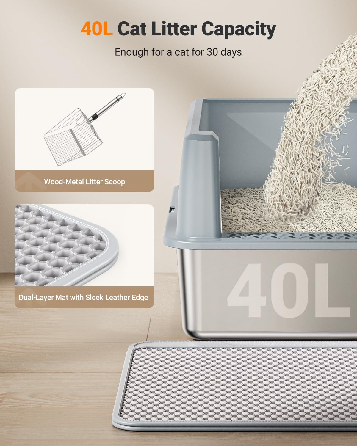 PEDIBAT XL Stainless Steel Litter Box, Large Metal Cat Litter Box with High Sided for Big Cats, Enclosed Litter Boxes with Lid, Easy-Clean Cat Litter Mat & Scoop Kit, Non Sticky, Anti-Urine Leakage - image 5