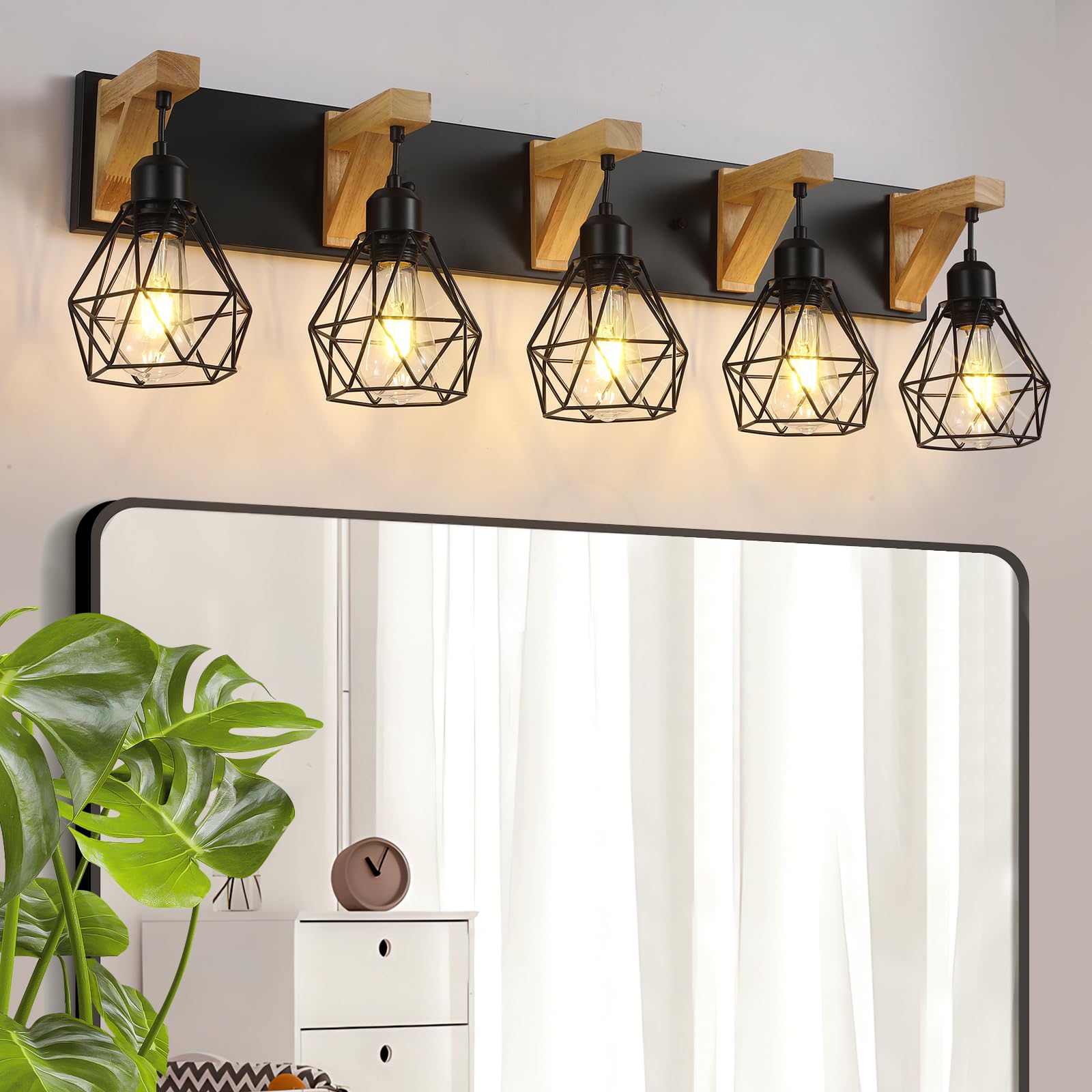 5-Light Farmhouse Bathroom Vanity Light Fixtures, Wood Bathroom Light Over Mirror, Rustic Sconces Wall Lighting with Elegant Metal Lampshade for Living Room, Bedroom, Hallway...