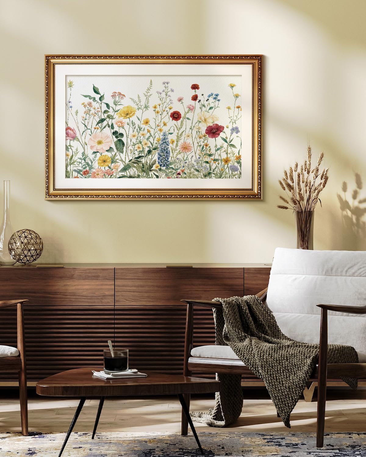 VIYYIEA Gold Framed Large Wall Art with Glass, Wildflower Watercolor for Living Room, Cottagecore Botanical Aesthetic Artwork, Great Gift for Nature Lover, 24x36 Inch