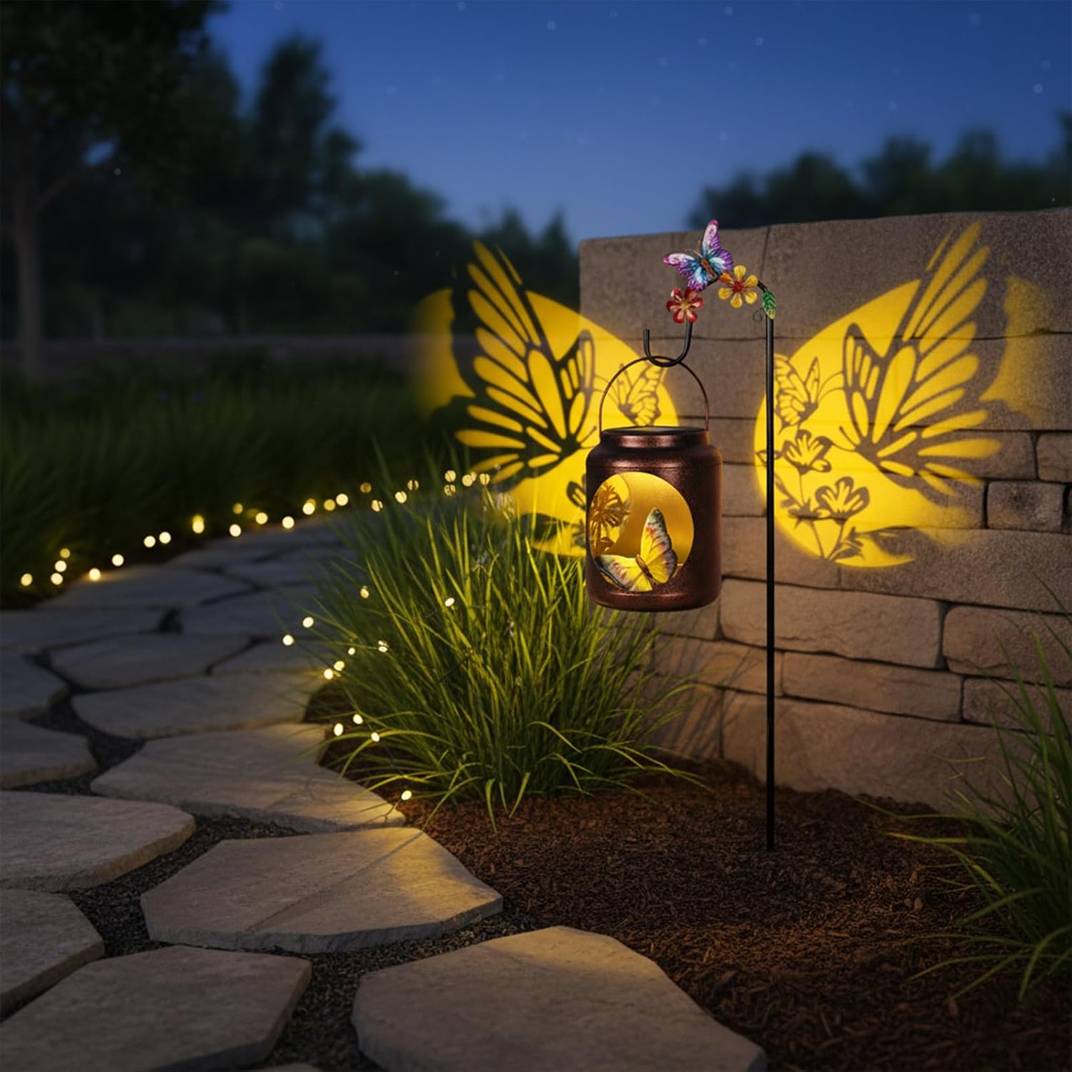 Butterfly Gifts for Women Mom Grandma,Metal Solar Lantern with Shepherds Hook & Resin Butterfly Statue Inside,Solar Garden Decorations Outside for Yard, Patio, Backyard, Porch