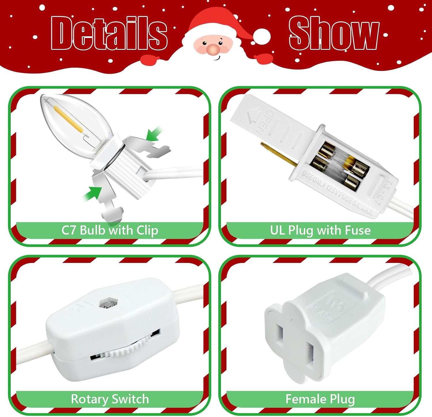 2 Pack Accessory Cord with 4LED Bulb, 8.8ft Christmas Village Lights with Switch and 2 Fuse, C7 Light Cord Christmas Village Accessories for Halloween Pumpkin, Blow Mold, Xmas Village House