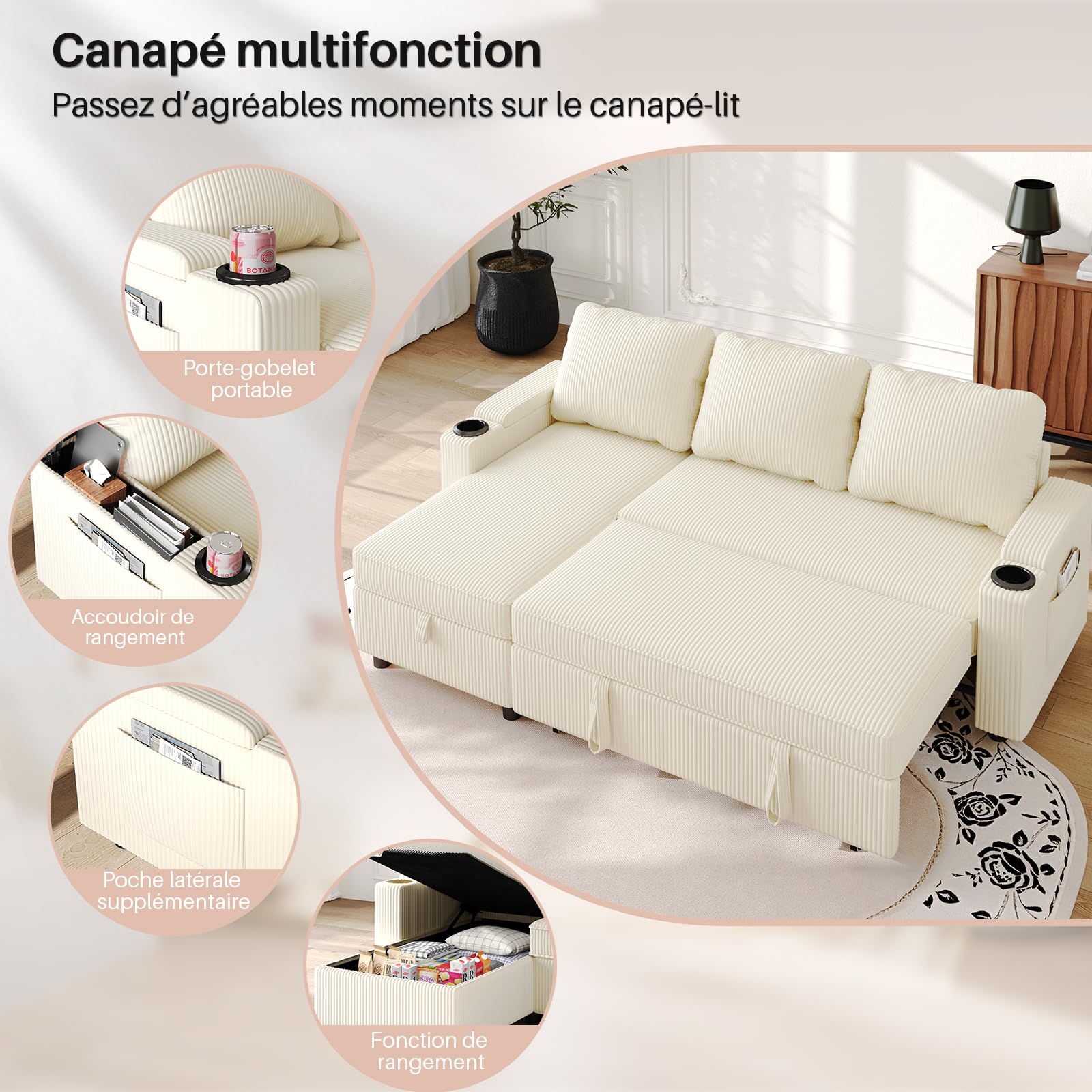 JUMMICO , canapé lit avec Rangement intégré et accoudoirs multifonctionnels, idéal pour Salon, Design Moderne et Pratique,Bureau et Petit Appartement, Beige
