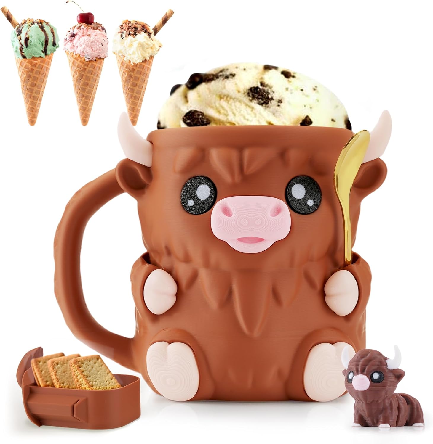 Highland Cow Ice Cream Holder - (with Free Spoon) Non-Slip Melting Preventer Compatible with Ben and Jerry Ice Cream Holder, Multi Functional Pen Holder & Highland Cow Flowerpot (Brown)