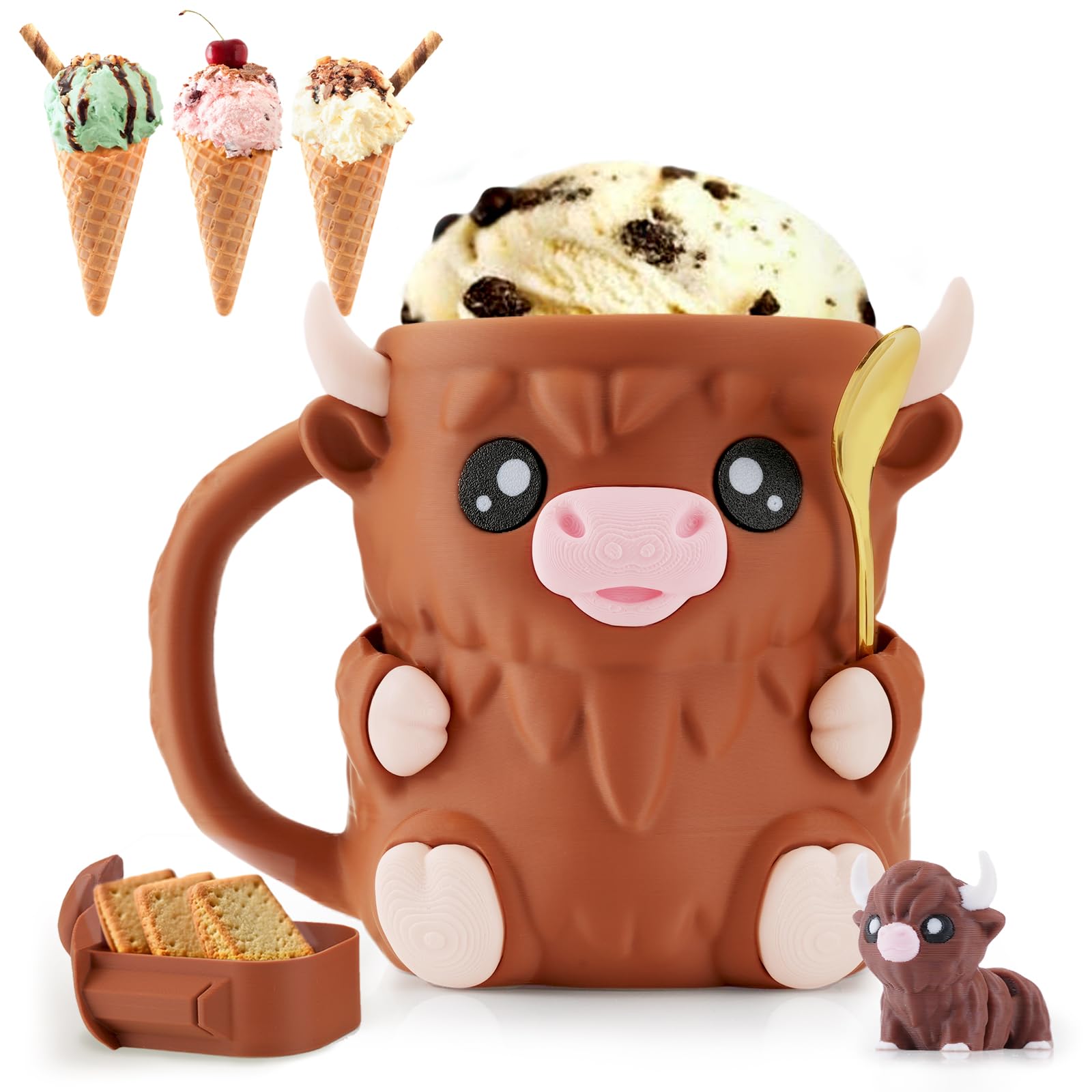 Highland Cow Ice Cream Holder - (with Free Spoon) Non-Slip Melting Preventer Compatible with Ben and Jerry Ice Cream Holder, Multi Functional Pen Holder &amp; Highland Cow Flowerpot (Brown)