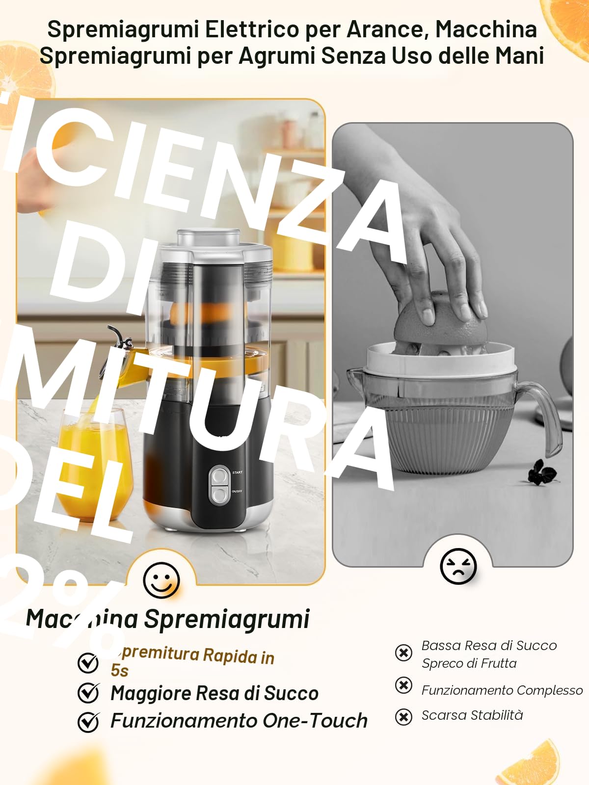 FOHERE Spremiagrumi Elettrico Automatico,100W Spremiagrumi Professionale Estrattore Frutta e Verdura con Beccuccio Antigoccia, 2 Coni Intercambiabili per Limone, Arancia, Uva e Kiwi, Nero