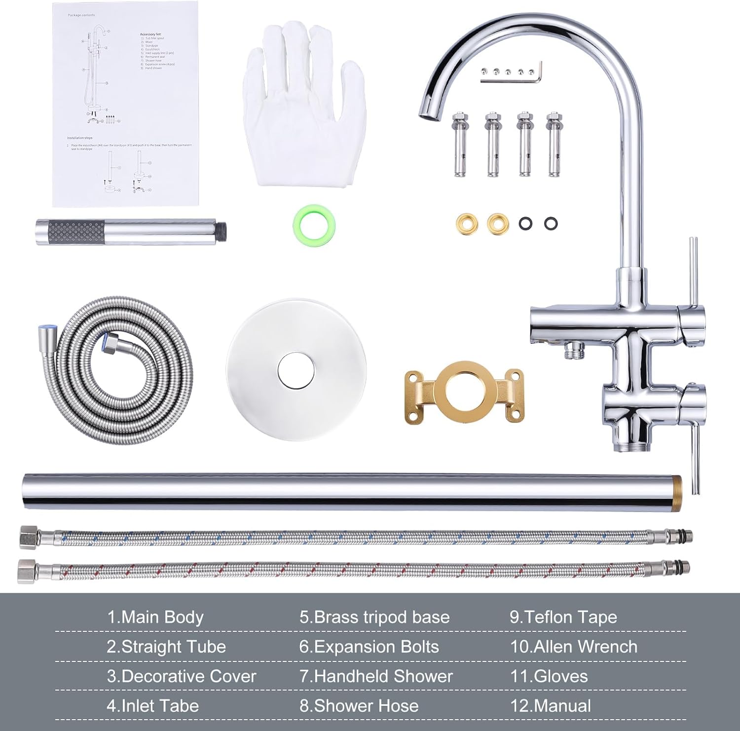 Freestanding Tub Filler Faucet, Floor Mount Chrome Bathtub Faucet with Single Handheld Shower for Bathroom, Brass Shower Tub Faucet Set Complete, Bathtub Faucet with Shower