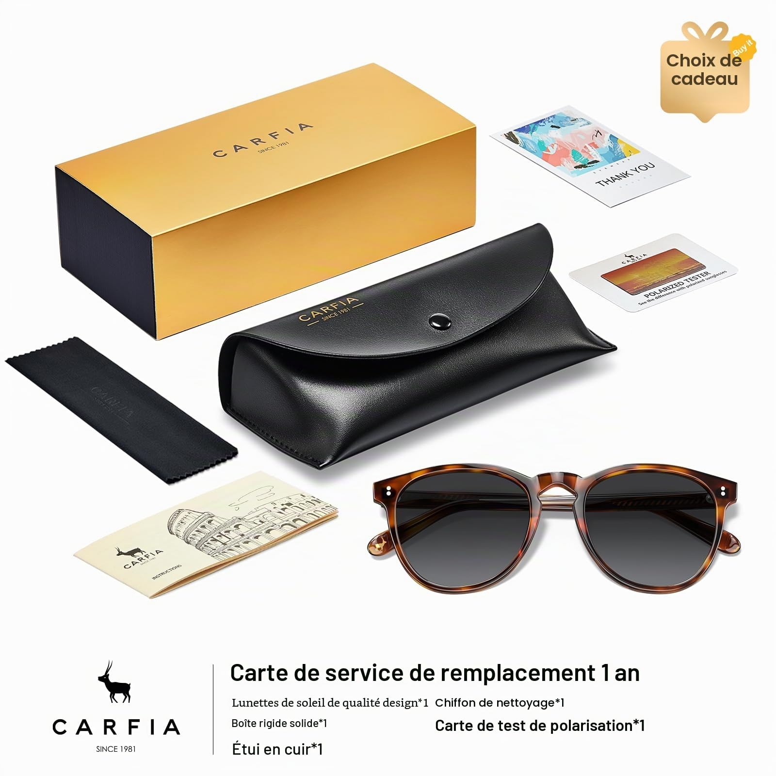 Carfia Lunettes de soleil polarisées à la mode vintage avec motif léopard tortue et protection UV400 avec étui et chiffon de nettoyage CA2307