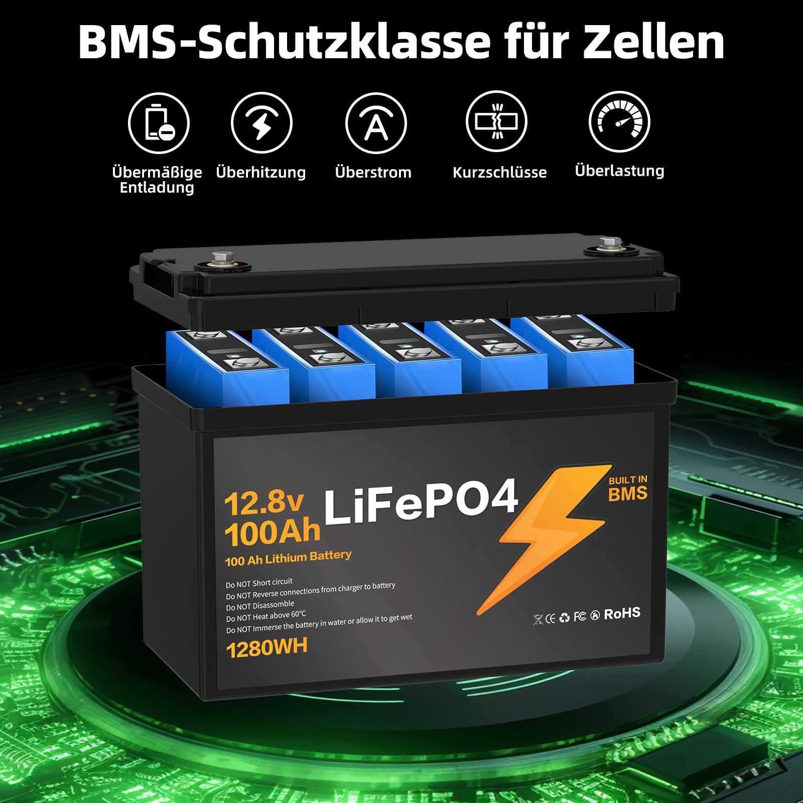 12V 100Ah LiFePO4 Battery, Lithium Battery 1280Wh with 100A BMS, Deep Discharge Proof with Low Temperature Protection IP65, Maximal 4P2S in Reihe und Parallel Schaltbar, 2 Stück
