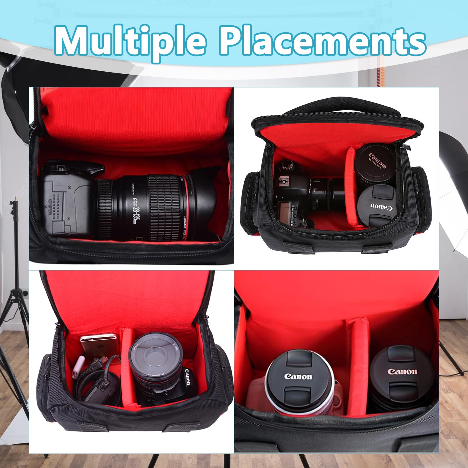 Bolsa para Cámara Réflex DSLR y Mirrorless, Bolso Fotográfico Bandolera con Divisores Ajustables, Funda Acolchada Impermeable, Correa Regulable, Negro