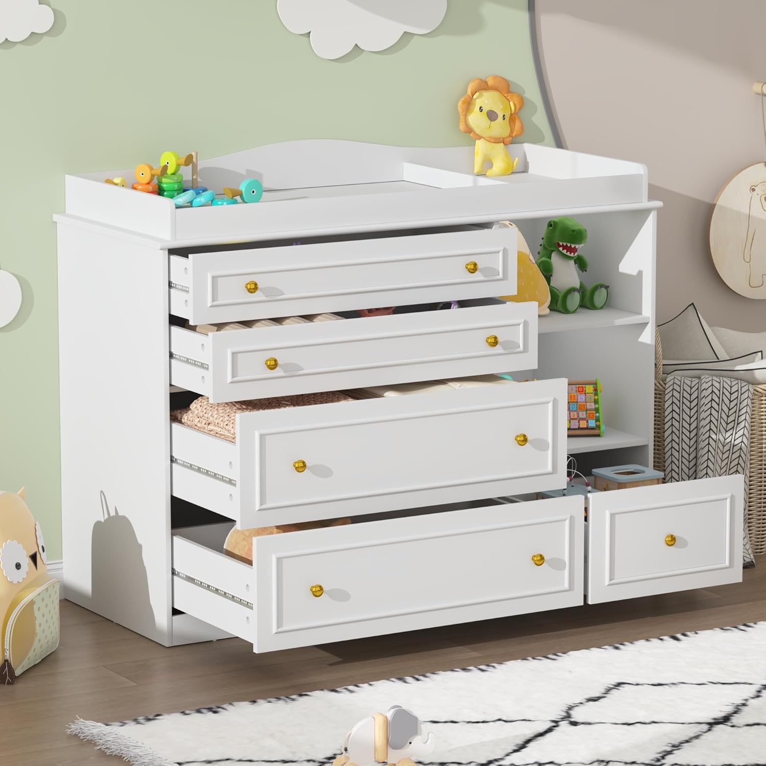 St.Mandyu White Changing Table Dresser, Baby Nursery Dresser, Baby Diaper Changing Table, 5 Drawers, Adjustable Shelves, Metal Handle, Curved Wrapping Design, White