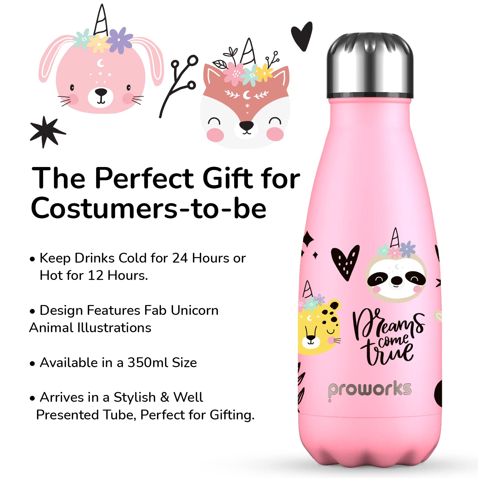 PROWORKS Insulated Water Bottle, BPA Free, Reusable Stainless Steel Water Bottle for 12 Hours Hot & Cold Hold Up to 24 Hours, for Sport, Gym, Travel - 500ml - Pink Daisy — view 2