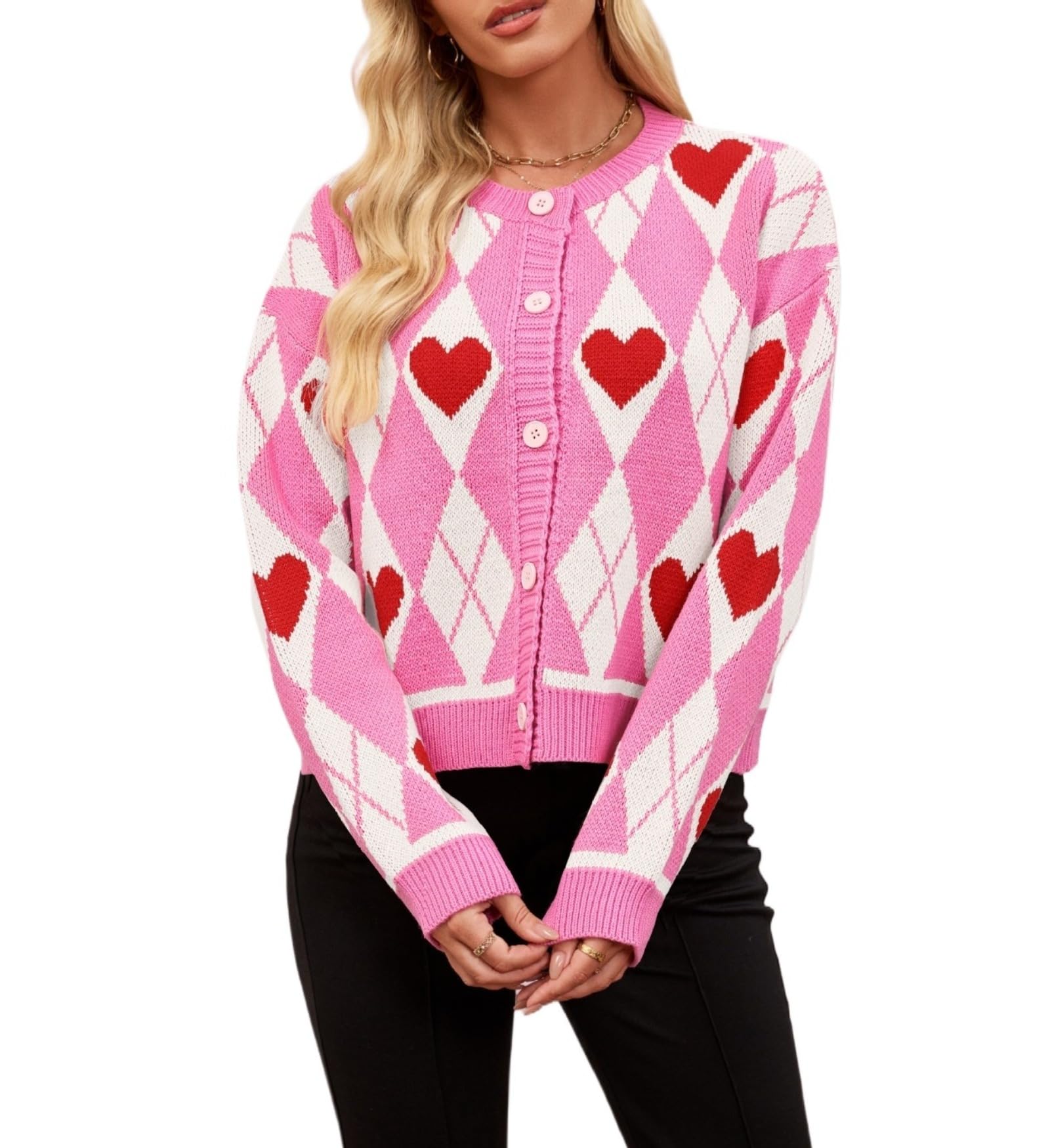 Valentines Day Sweater for Women Argyle Love Heart Fall Winter Button Down Cropped Knit Preppy Cardigan Cute Clothes-image-9