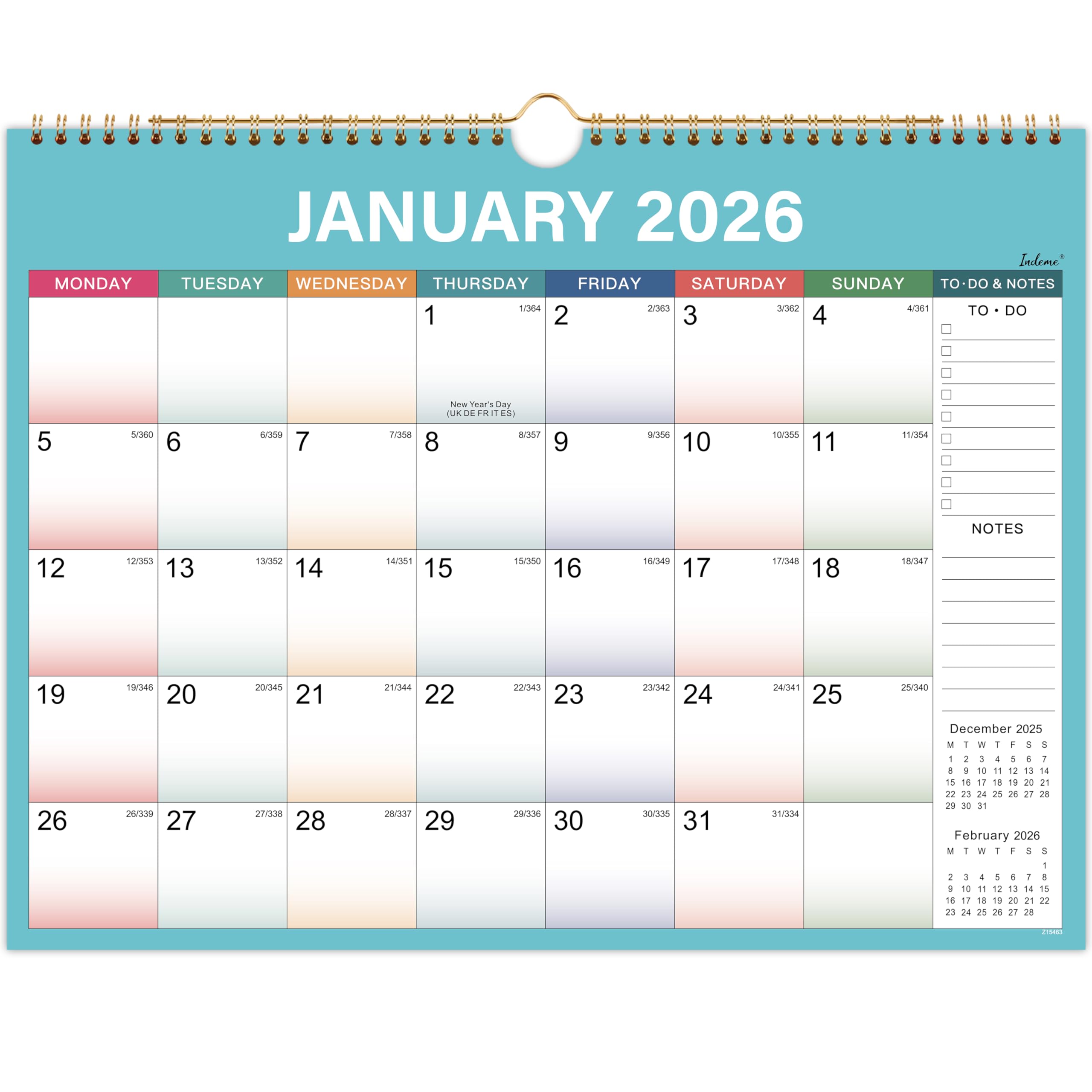 Calendar 2026 - Wall Calendar 2026 with Thick Paper, 2026 Calendar, January 2026 - December 2026, calendar month to view, Twin-Wire Binding Hanging Hook Large Mixed Color Ruled Blocks