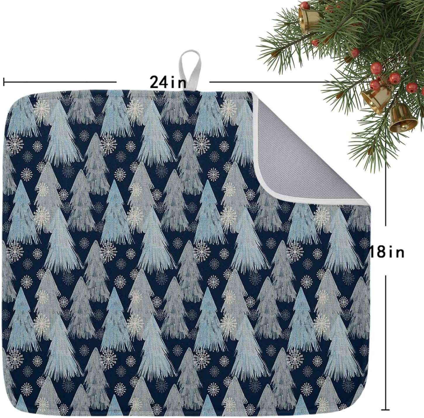 Christmas Gradient Xmas Tree Dish Drying Mats for Kitchen Counter,Absorbent Microfiber Dish Drainer Rack Mat Winter Snowflakes Seamless Dark Blue Drying Pad for Sinks,Utensils,Countertops,18x24in