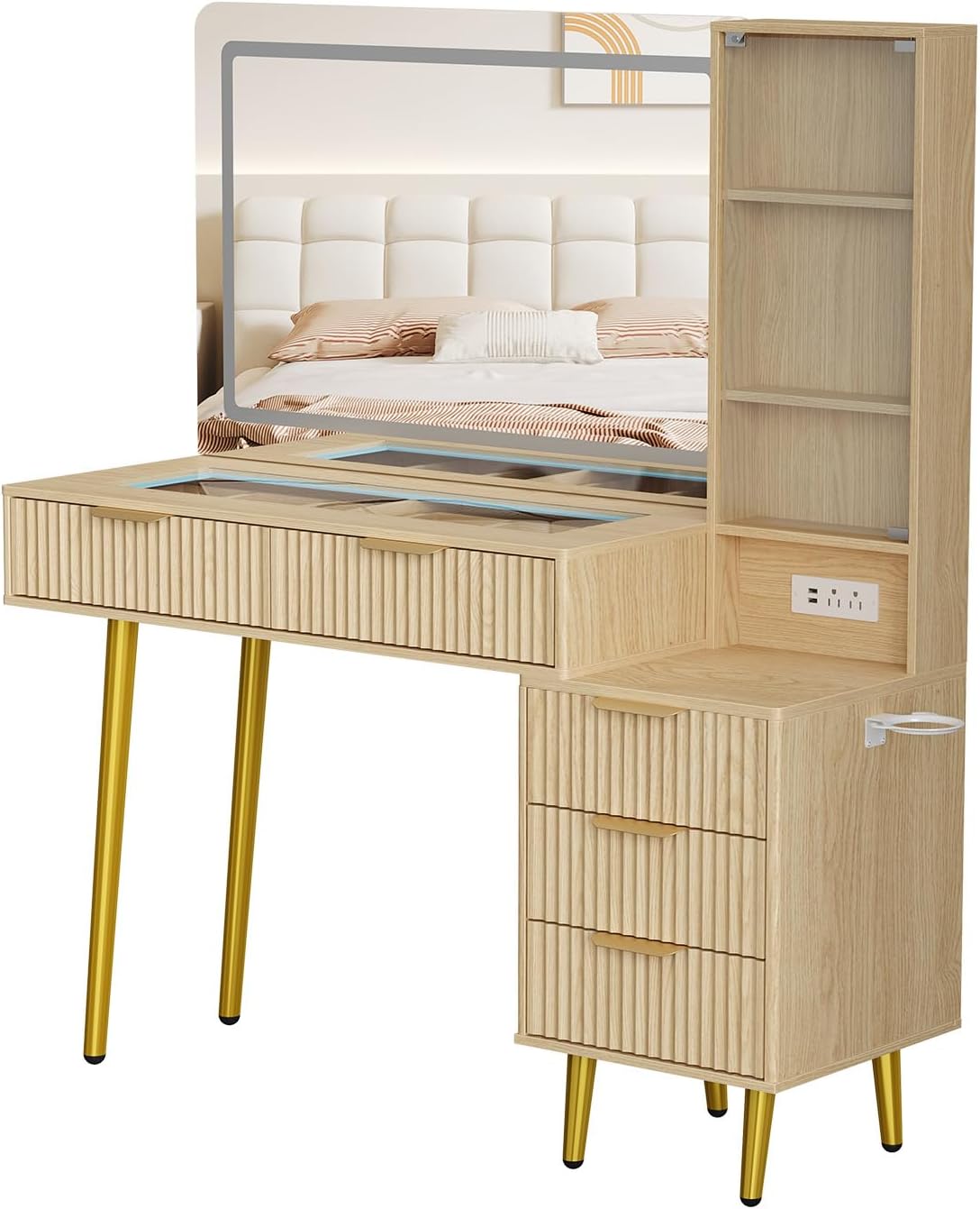 Makeup Vanity Desk with Mirror and Lights, 48" Fluted Makeup Table with Glass Top, Vanity Desk with 5 Drawers, Open Shelf & Power Outlet, Modern Dressing Table for Bedroom Living Room