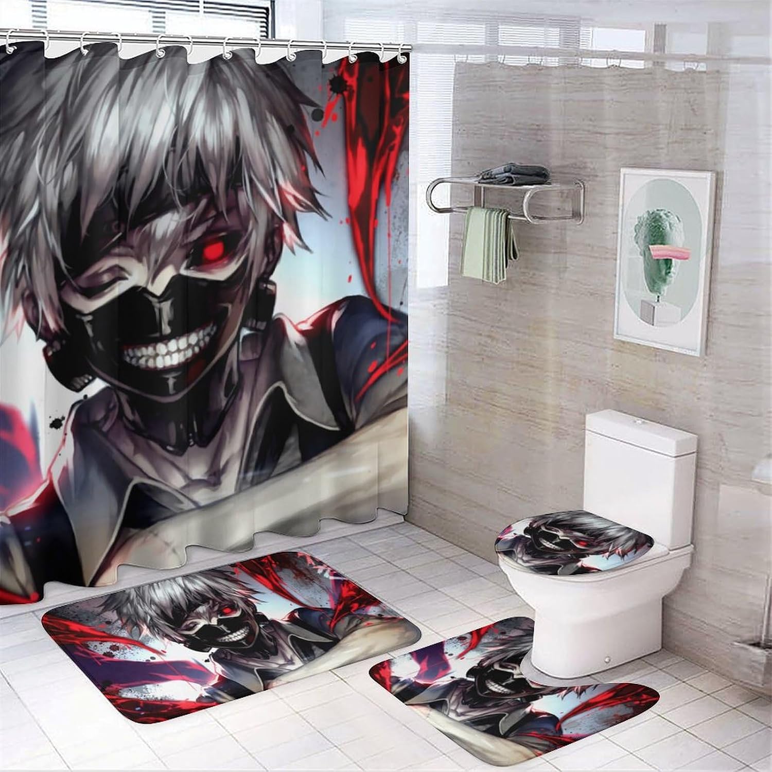 シャワーカーテン4点セット 東京喰種トーキョーグール アニメ 滑り止めラグ トイレ蓋カバー お風呂カーテン バスマット バスルーム装